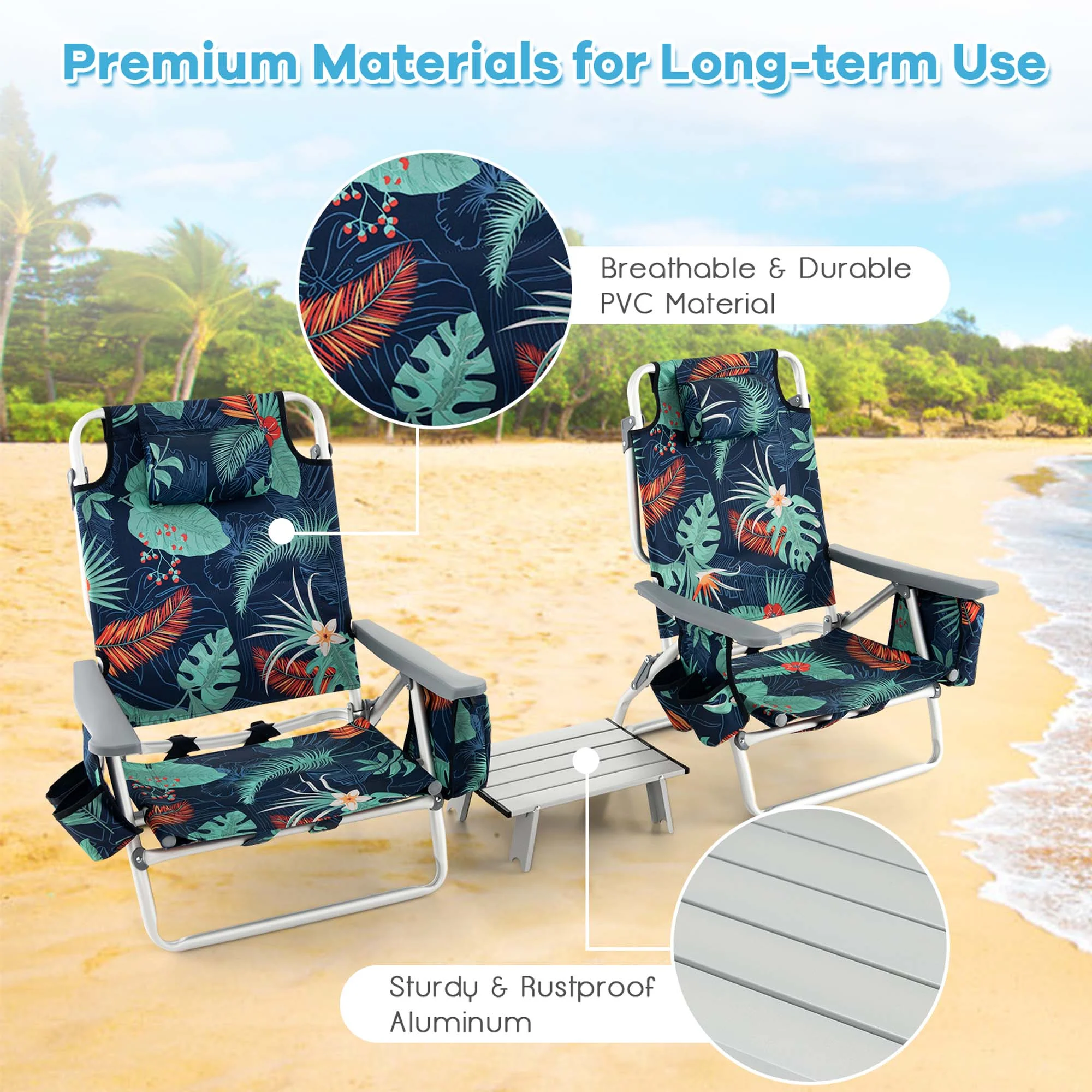 Costway 2-Pack Folding Backpack Beach Chair Table Set 5-Position Outdoor Reclining Chair Pink - Image 39