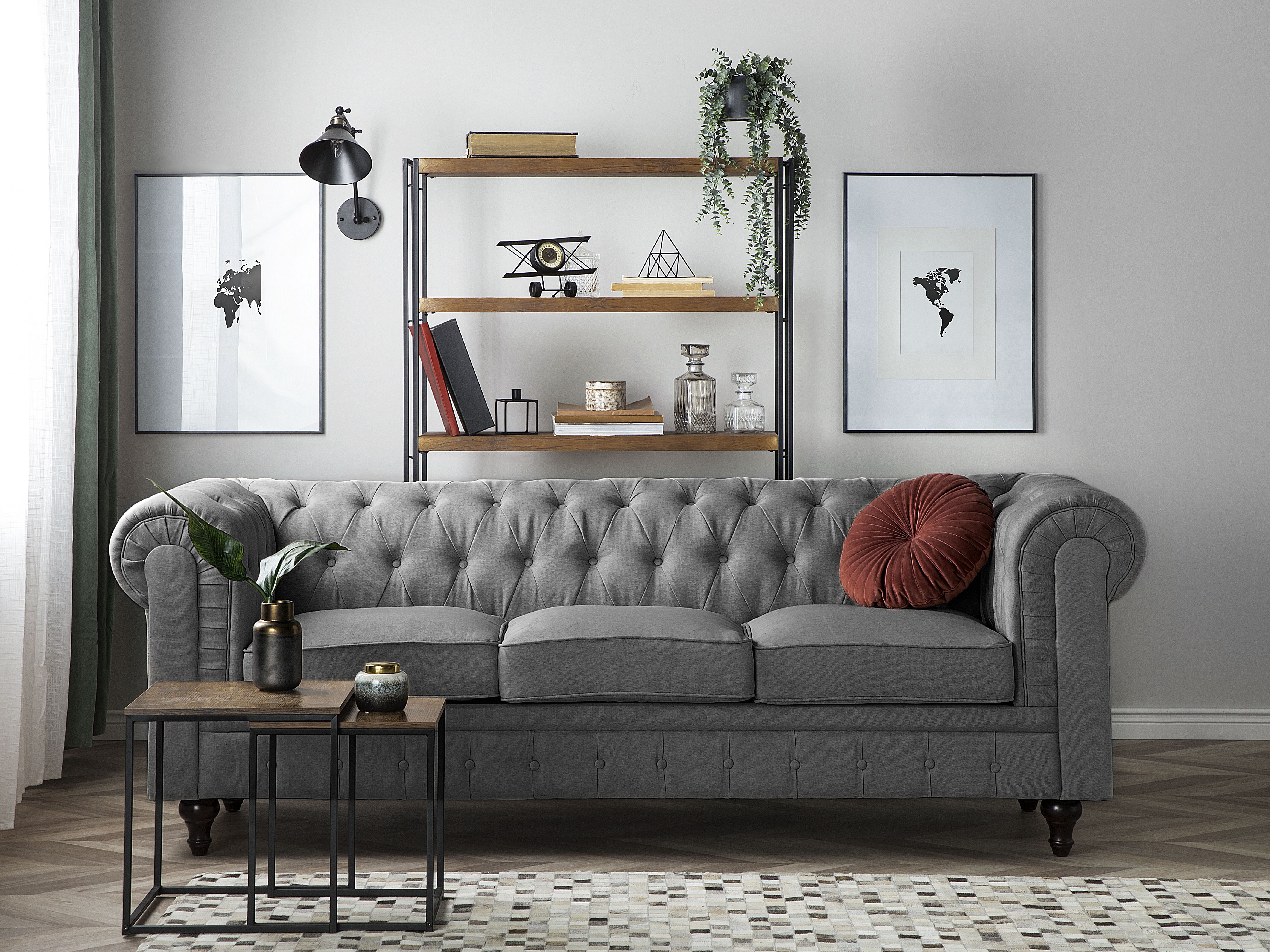 Sofa 3 Seater CHESTERFIELD Fabric Light Grey