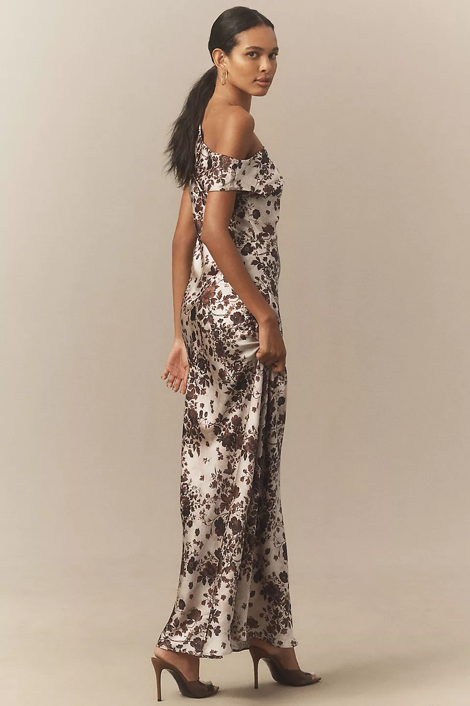 Off-The-Shoulder High-Shine Satin Maxi Dress - Chocolate Chinoiserie