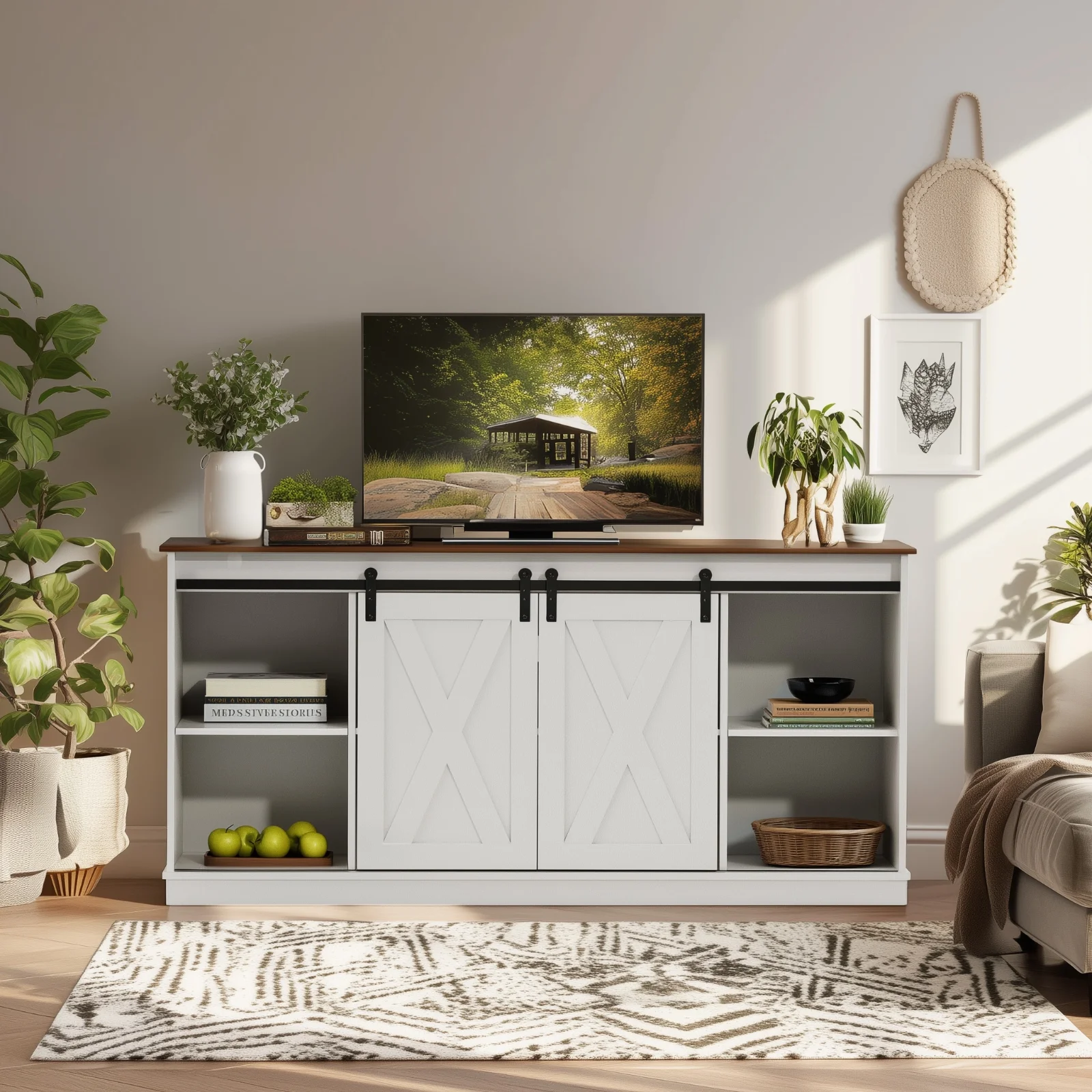 GIANNA TV Stand for Televisions up to 65 Inch, Entertainment Center with Sliding Barn Doors, Storage Cabinets and Media Shelves, Living Room Console Table, White