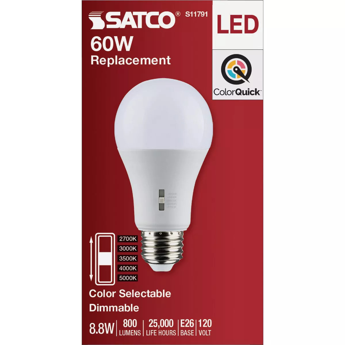 Satco 60W Equivalent 5CCT-Selectable A19 Dimmable Traditional LED Light Bulb