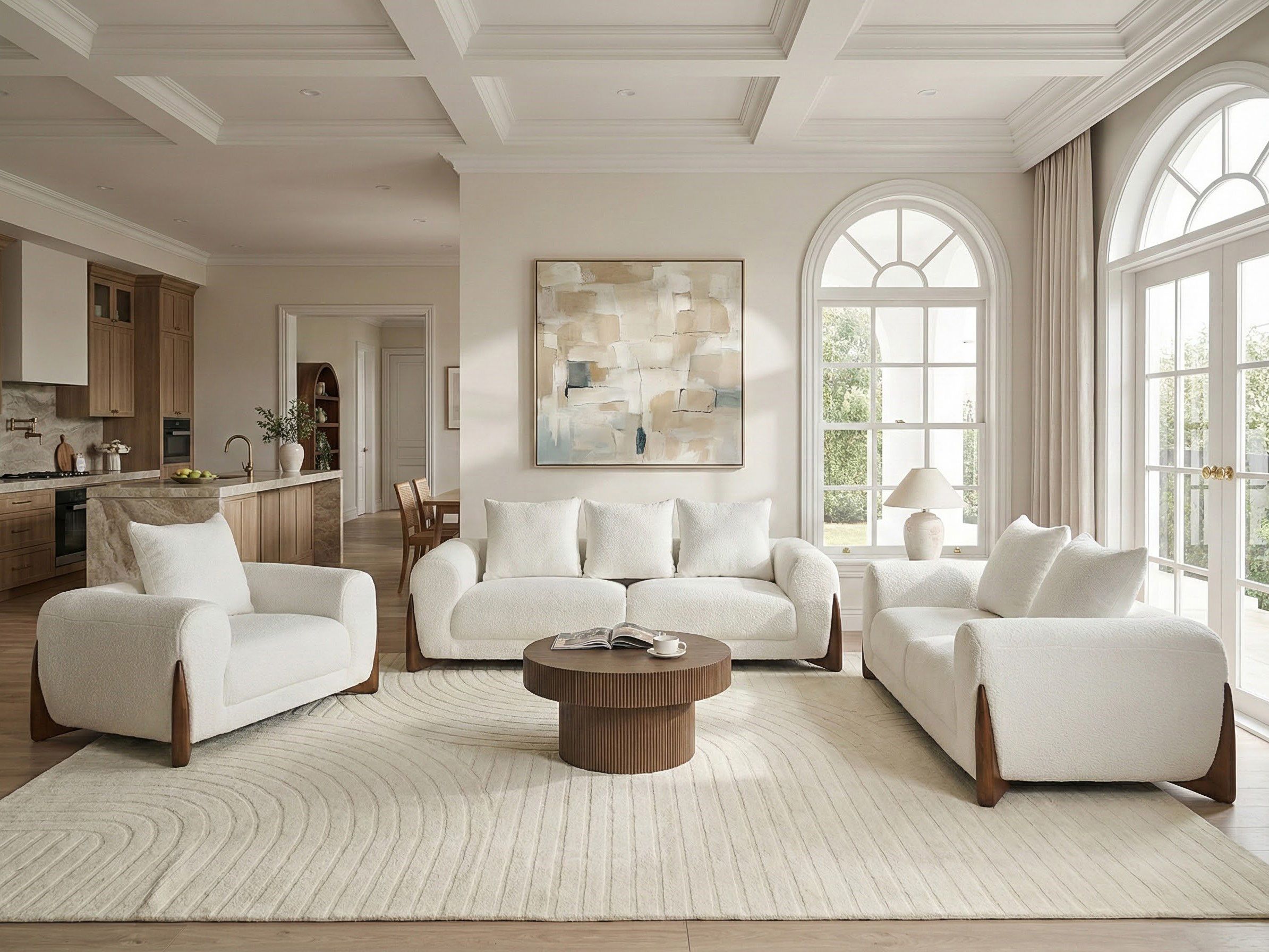 Living Room Set 6 Seater VINLIDEN Boucle White