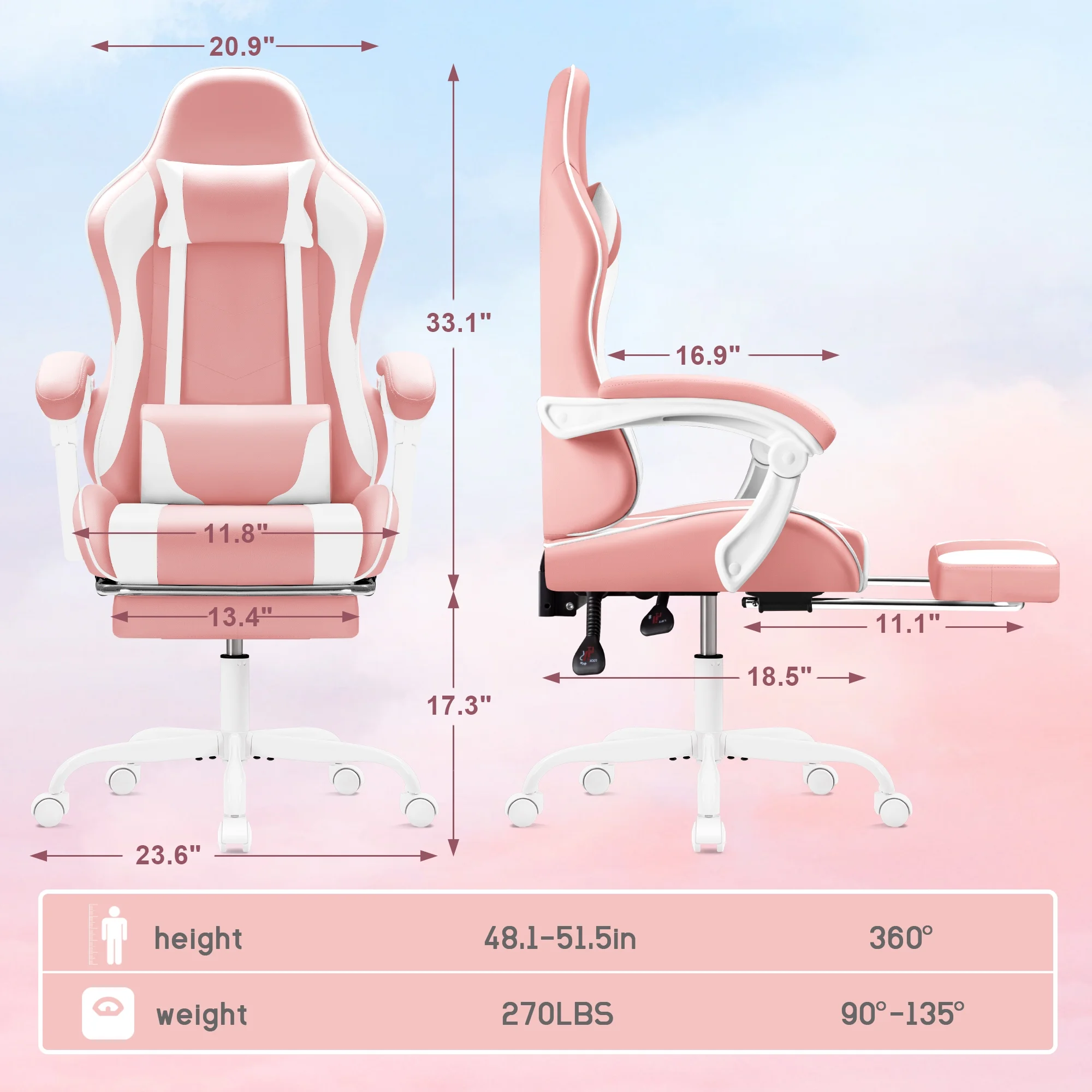 Lacoo PU Leather Gaming Chair Massage Ergonomic Gamer Chair Height Adjustable Computer Chair with Footrest & Lumbar Support, White - Image 55