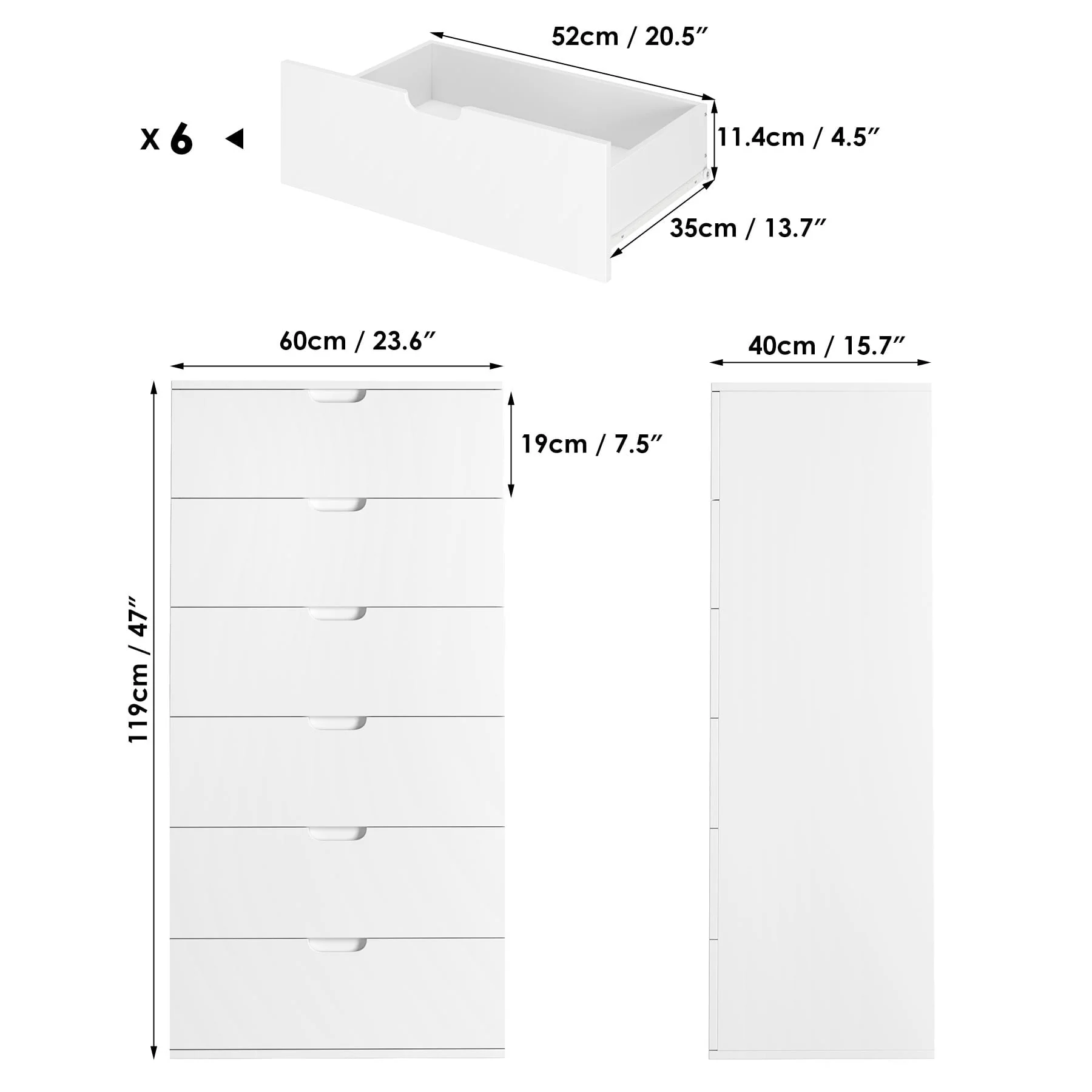 Homfa 6 Drawers Dresser, 47"H White Dresser, Modern Chest with Drawer for Bedroom - Image 3