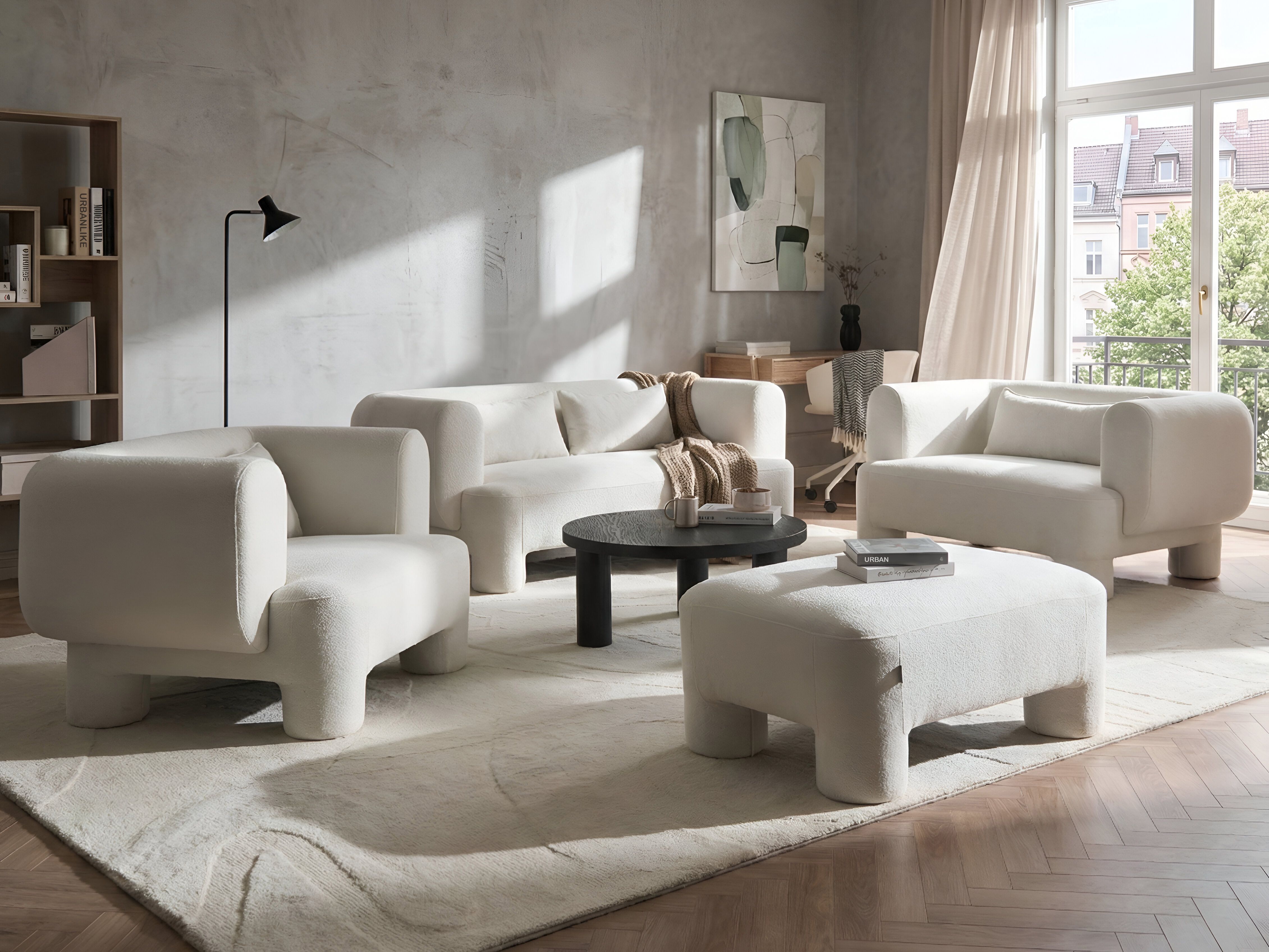 Living Room Set 6 Seater HOGBO Fabric White with Ottoman