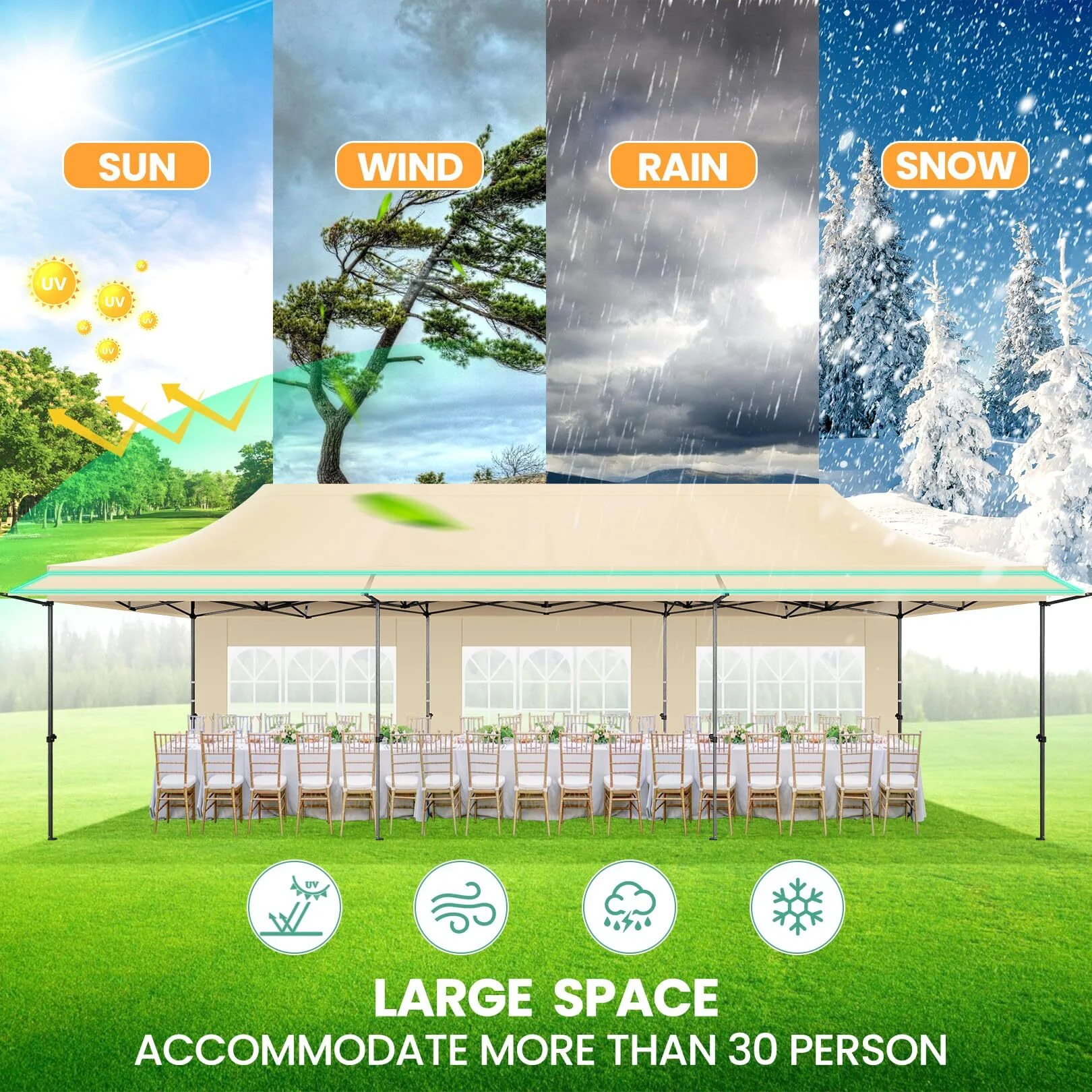 COBIZI 10x20 Pop Up Canopy Heavy Duty Party Tent with Removable Awning and Sidewalls,Easy Up Outdoor Wedding Canopy,Gazebo All Season Windproof&Waterproof with Roller Bag UPF 50+,Black - Image 20