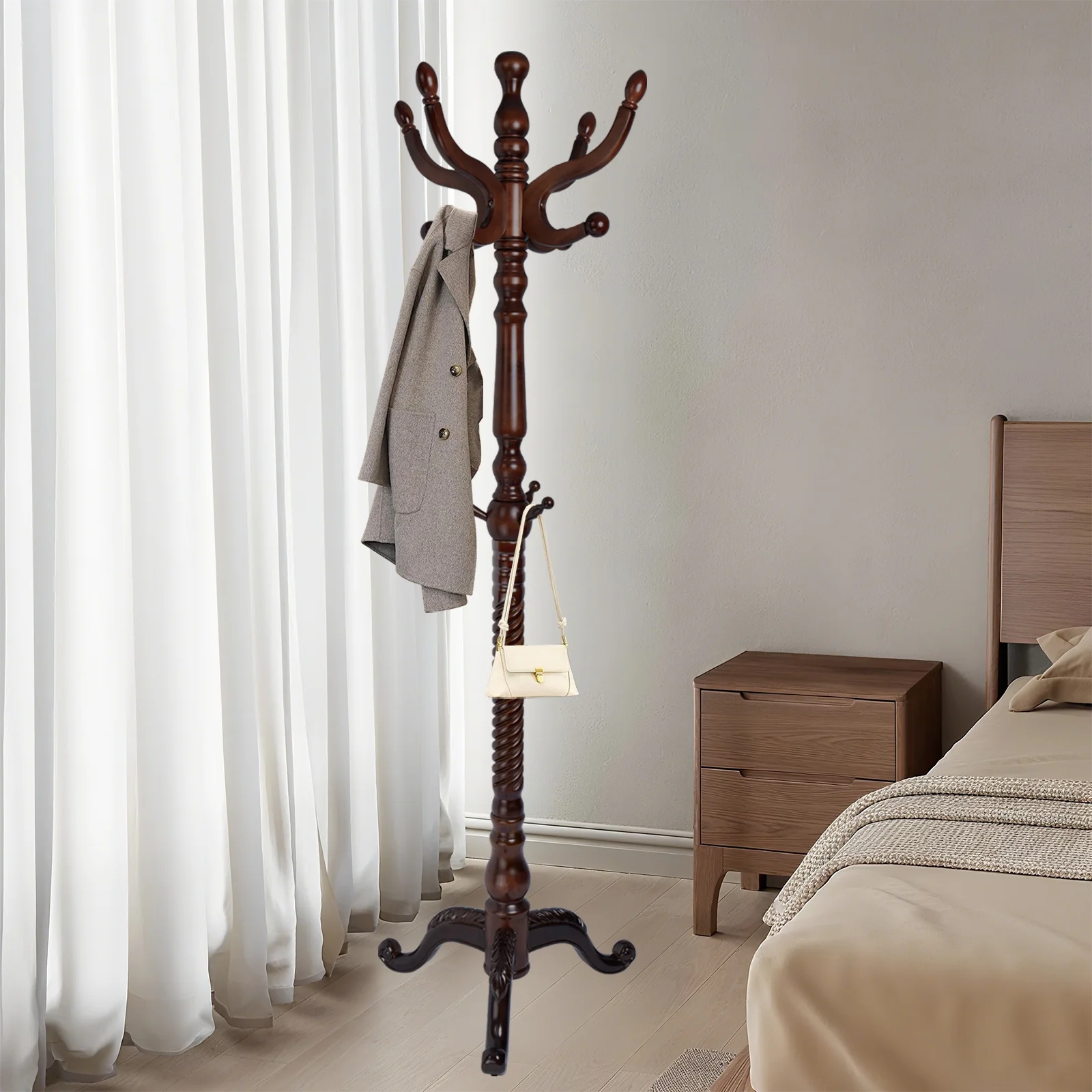 Coat Rack Freestanding, Hall Tree with 11 Hooks, Heavy Duty Wooden Coat Tree Stand, Adjustable Height, Sturdy Base for Bedroom Hallway Office - Load 270lbs - Image 56