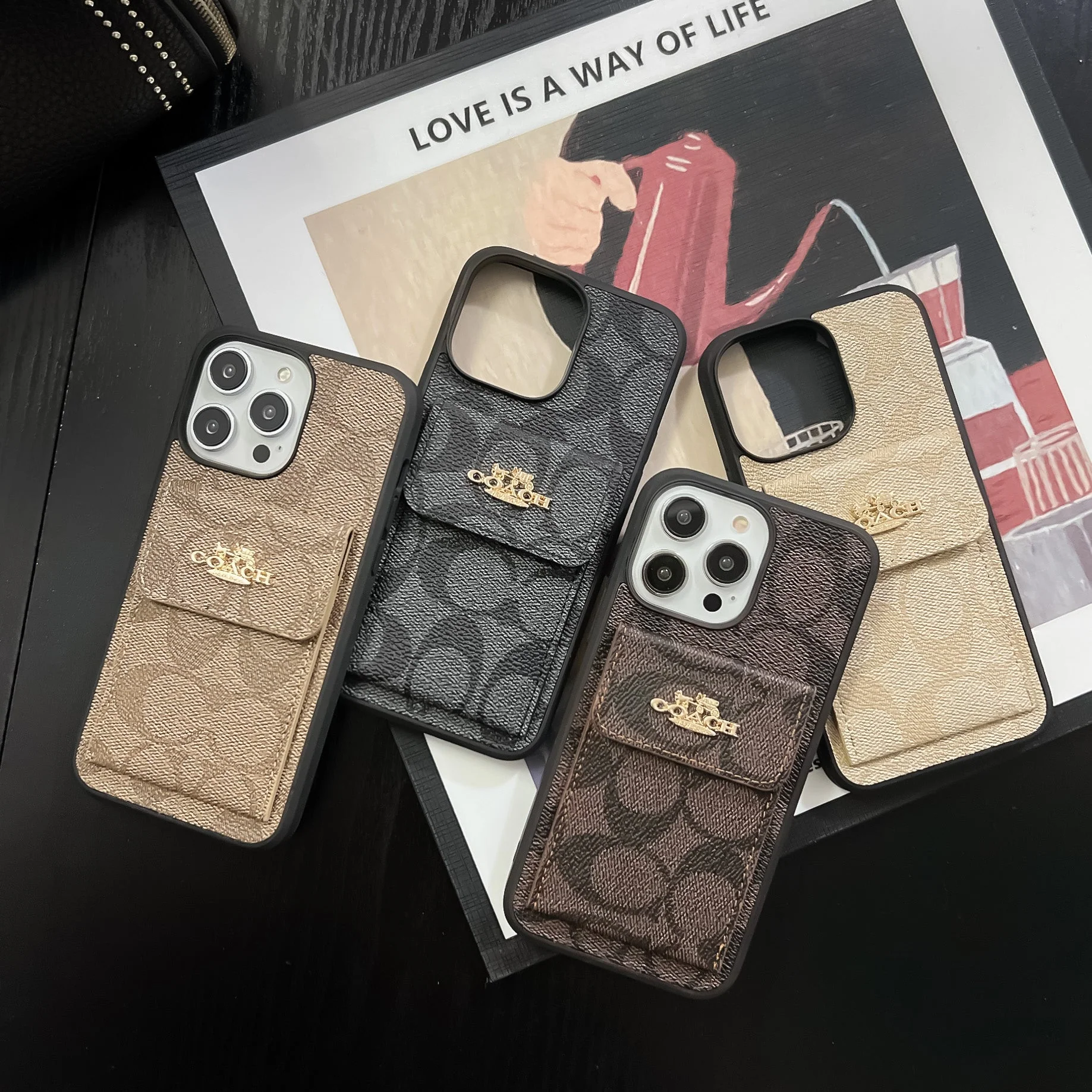 Coach iPhone Case With Card Holder Wallet Dark Brown  -SZK240425 - Wholesale & Influencer