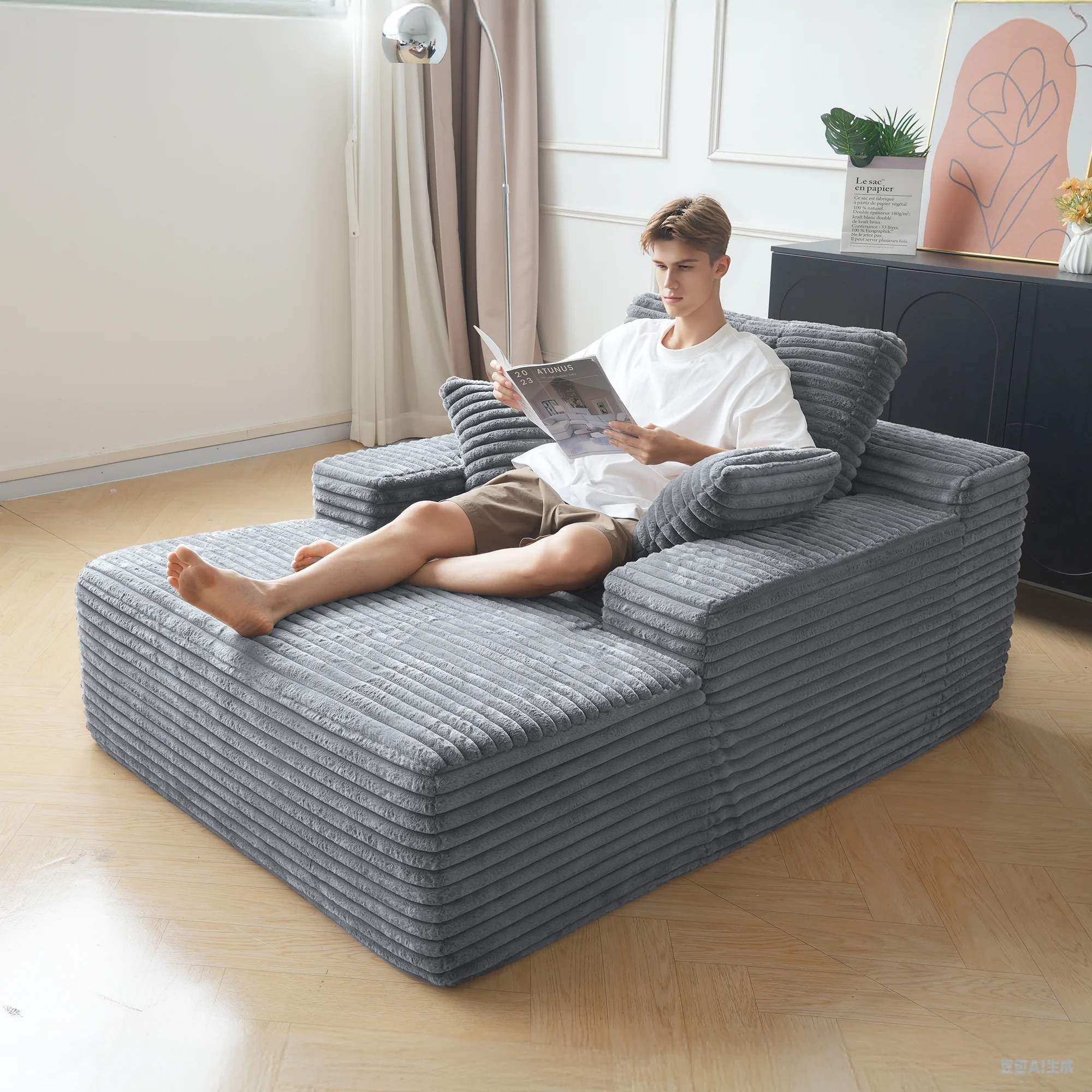Sodrens Oversized Chaise Lounge Chair Indoor,Upholstered Sofa Bed with Throw Pillows and Armrests,Sleeper Chair for Living Room,Bedroom,Brown,Corduroy - Image 41