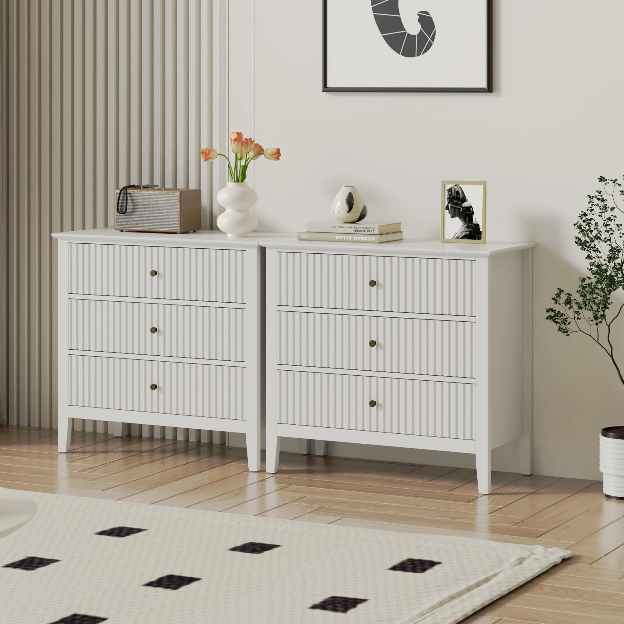 May Color Large White 3 Drawer Dresser Set of 2 with Fluted Panel, Modern Chest of Drawers with Silent Slide Drawers, Wood Accent Nightstand with Storage for Bedroom Living Room, Hallway - Image 24