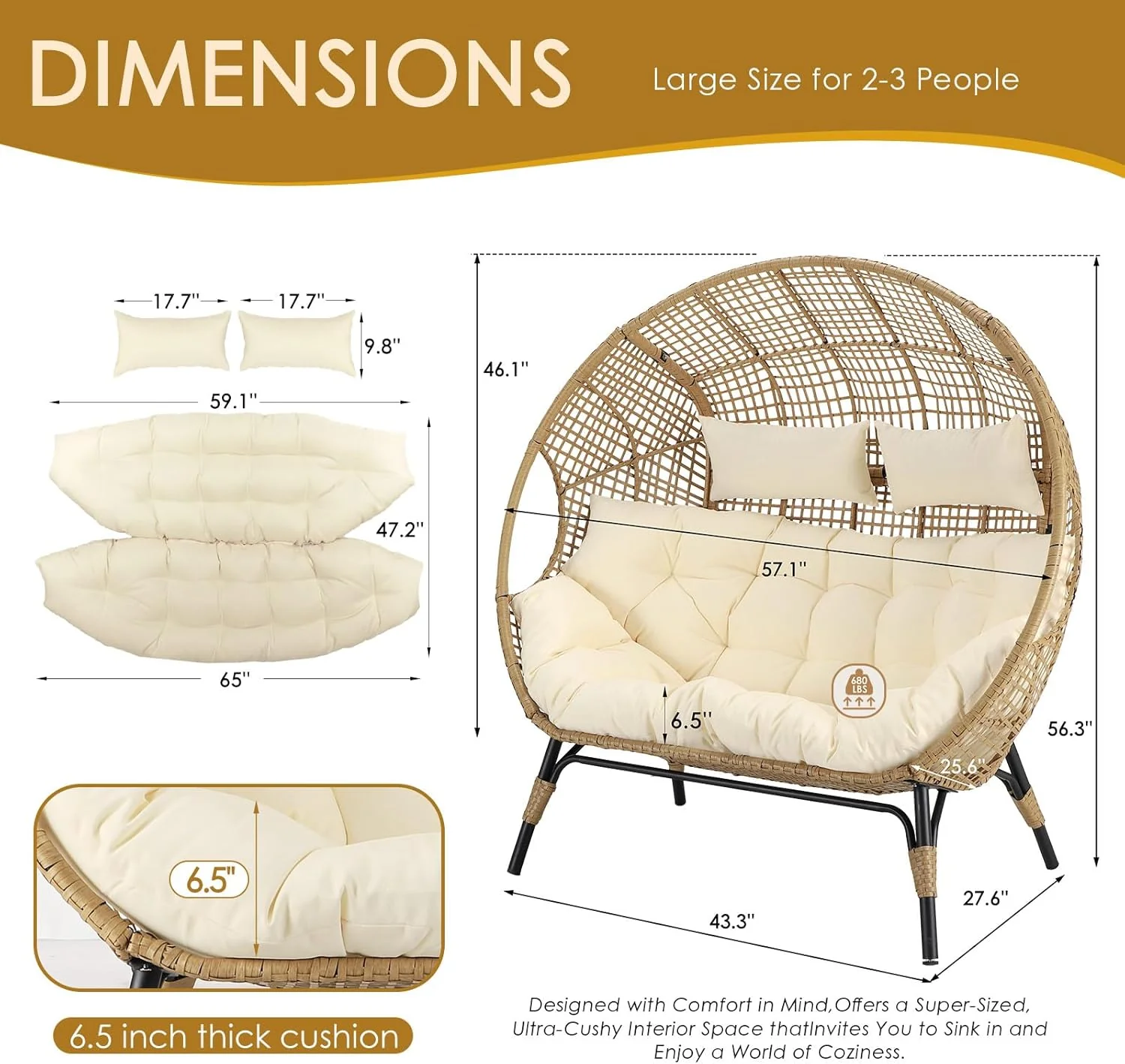 NICESOUL Double Egg Wicker Loveseat Chair, 2 Person, Beige - Image 2 NICESOUL Double Egg Wicker Loveseat Chair, 2 Person, Beige - Image 2