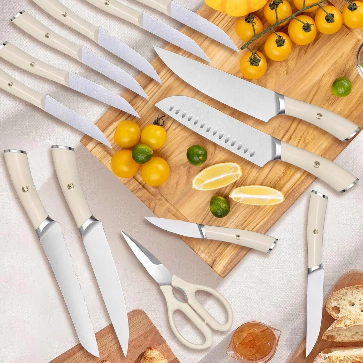 Ivory Knife Block Set (15-PCS) �C High Carbon Stainless Steel, Built-in Sharpener, Forged Chef Blades - Image 6