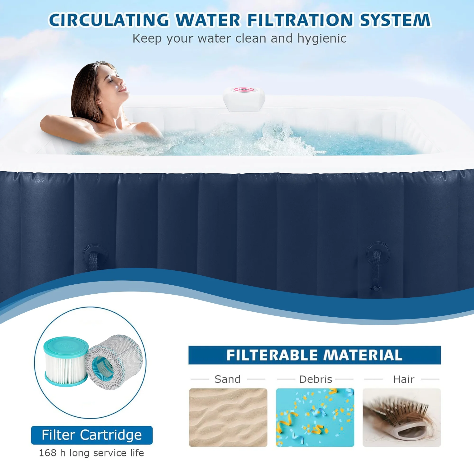 73 inch 4-6 Person Inflatable Hot Tub Spa with Control Panel, Outdoor Portable Hottub with 130 Jets, Insulated Tub Cover and Floor Protector, Temperature up to 104��F, Gray - Image 13