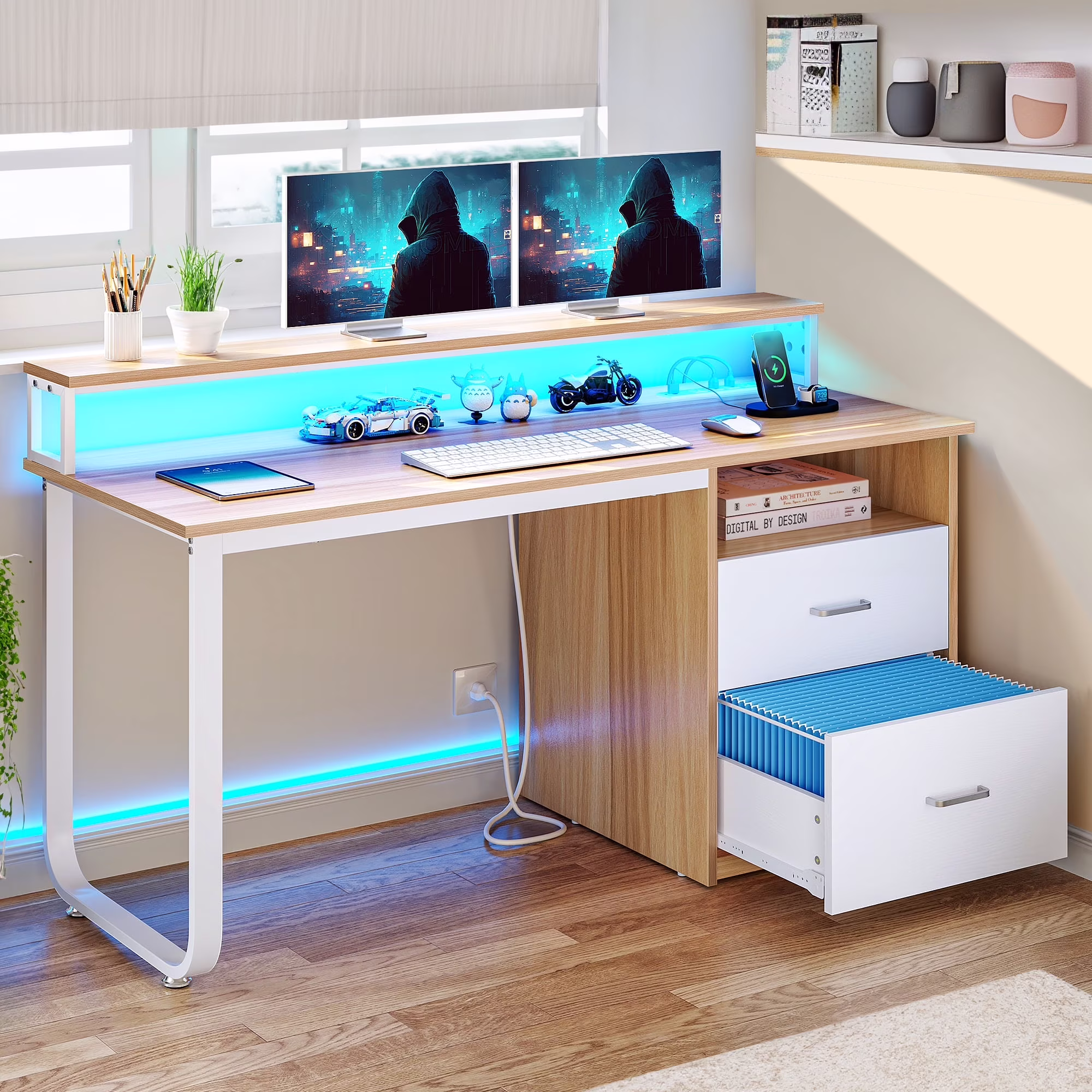 Dextrus 47 inch Computer Desk with Storage Drawers & LED Light, Office Desk with Monitor Stand & Power Outlets, Work Study PC Desk for Small Spaces, Home Office, Oak - Image 5