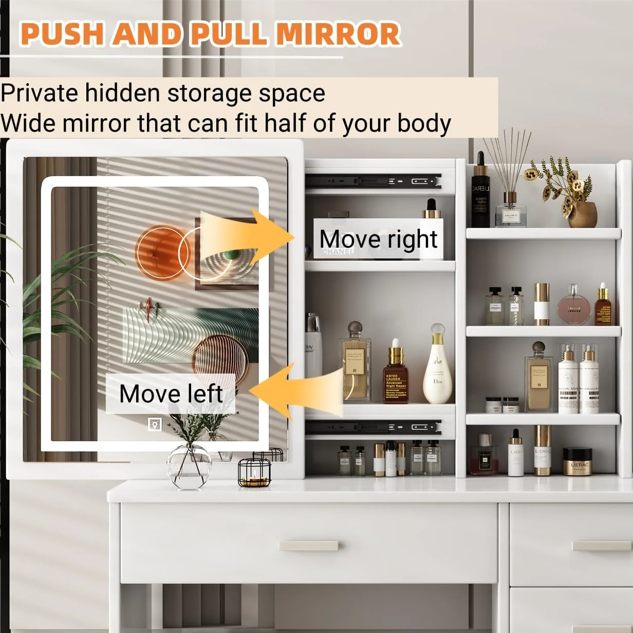 Montary Modern Mini Vanity w/Adjustable LED Mirror + Hidden Storage, Padded Stool & Dustproof Shelves (White) - Image 66