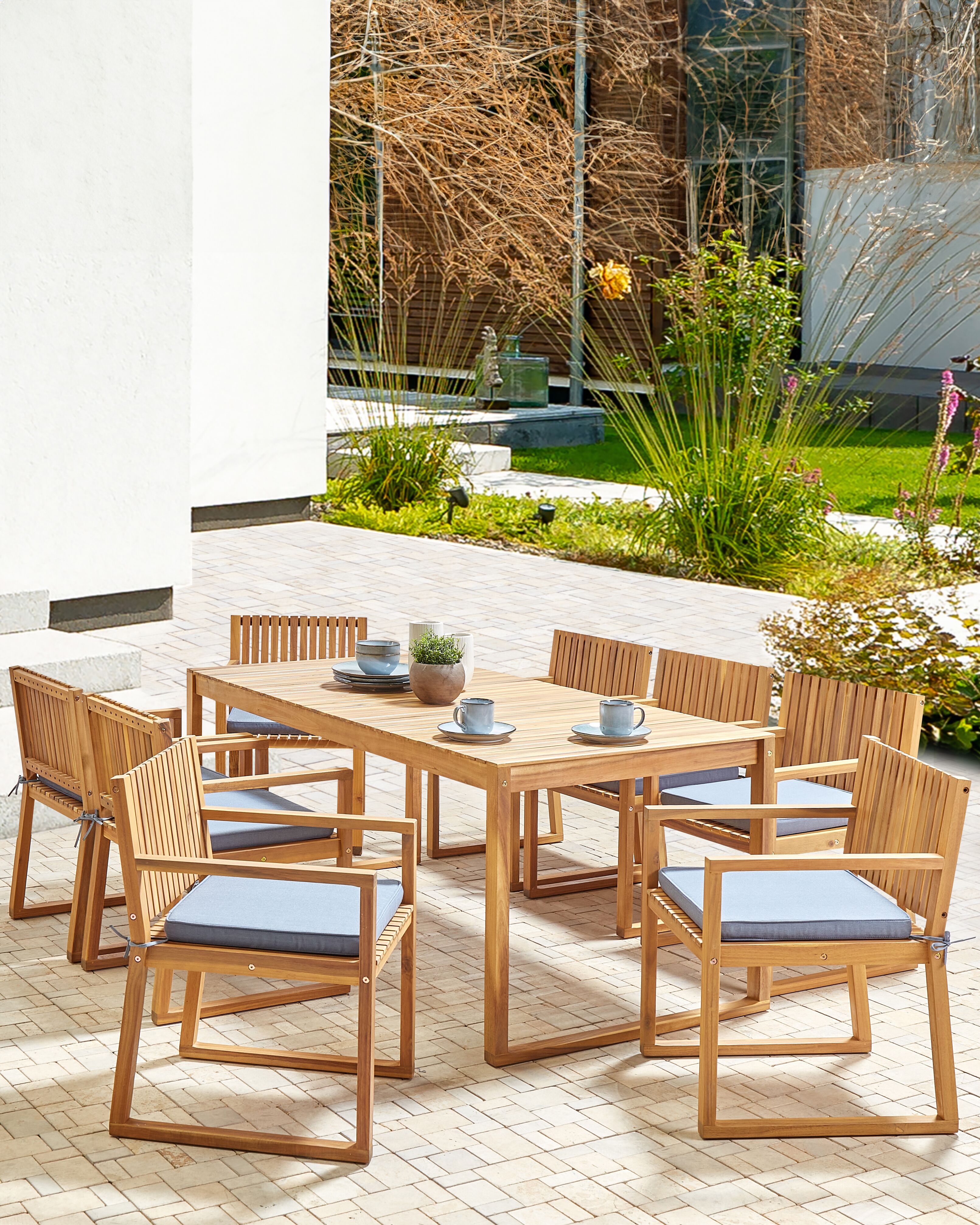 Set of 8 Garden Chairs with Cushions SASSARI II Certified Acacia Wood Blue