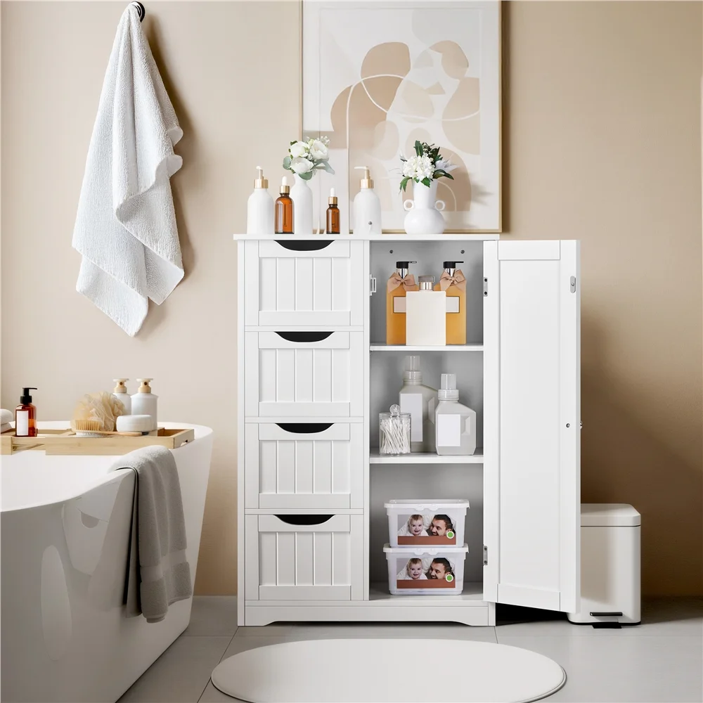 Yaheetech Wooden Cabinet Storage Unit with 4 Drawers & Cupboard for Bathroom, White