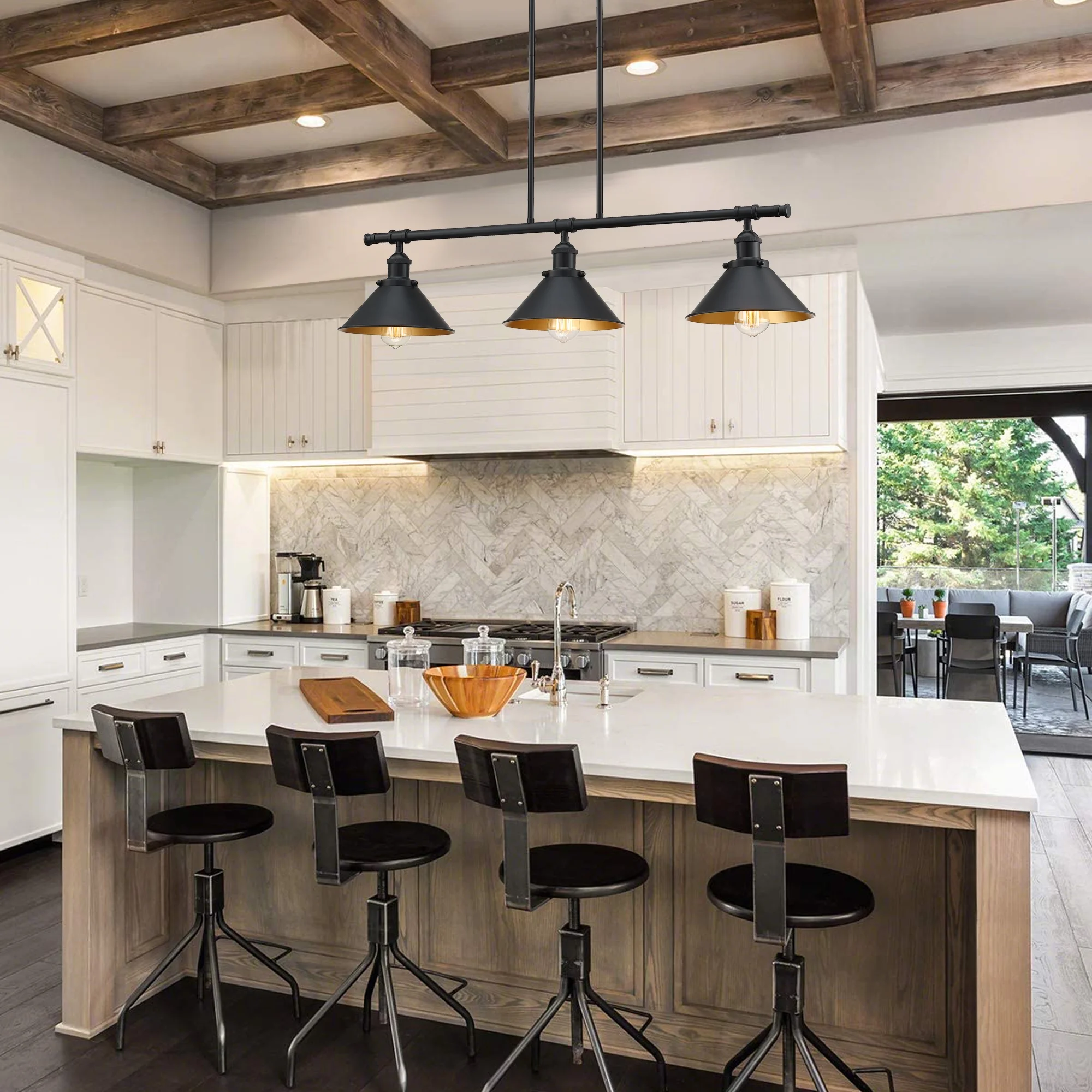 3-Light Matte Black Pendant Lighting for Kitchen Island Industrial Ceiling Mount Light Fixture for Dining Room, Living Room, Dining Table, Bars with Gold Painting Inside Finish