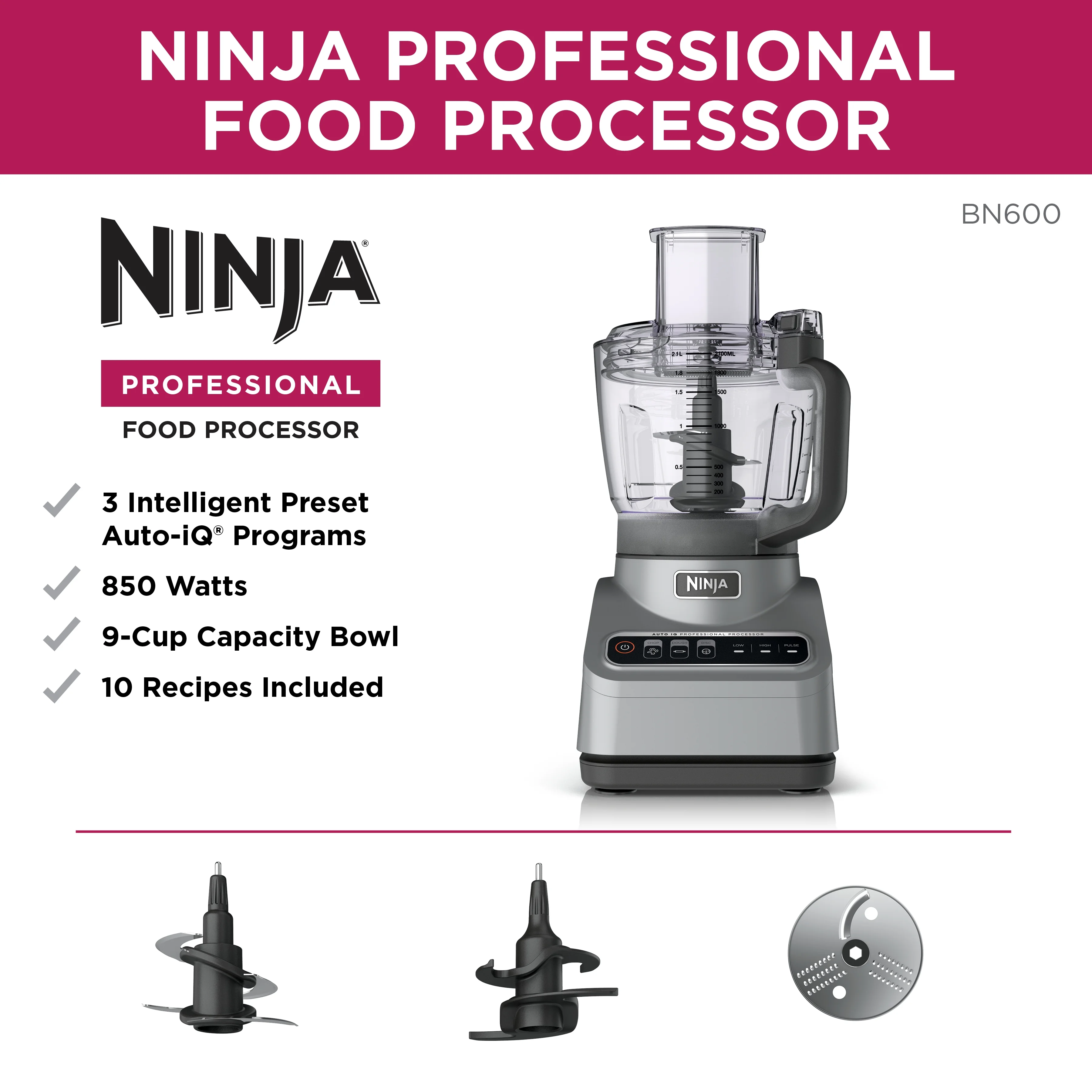 Restored Ninja® Professional Food Processor, 850 Watts, 9-Cup Capacity, Auto-iQ Preset Programs, BN600 (Refurbished)
