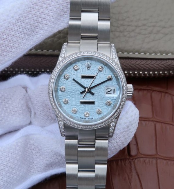 Replica Rolex DateJust 31mm Diamonds Bezel/Markers Blue Textured Dial A2235 - Elite Watch Atelier