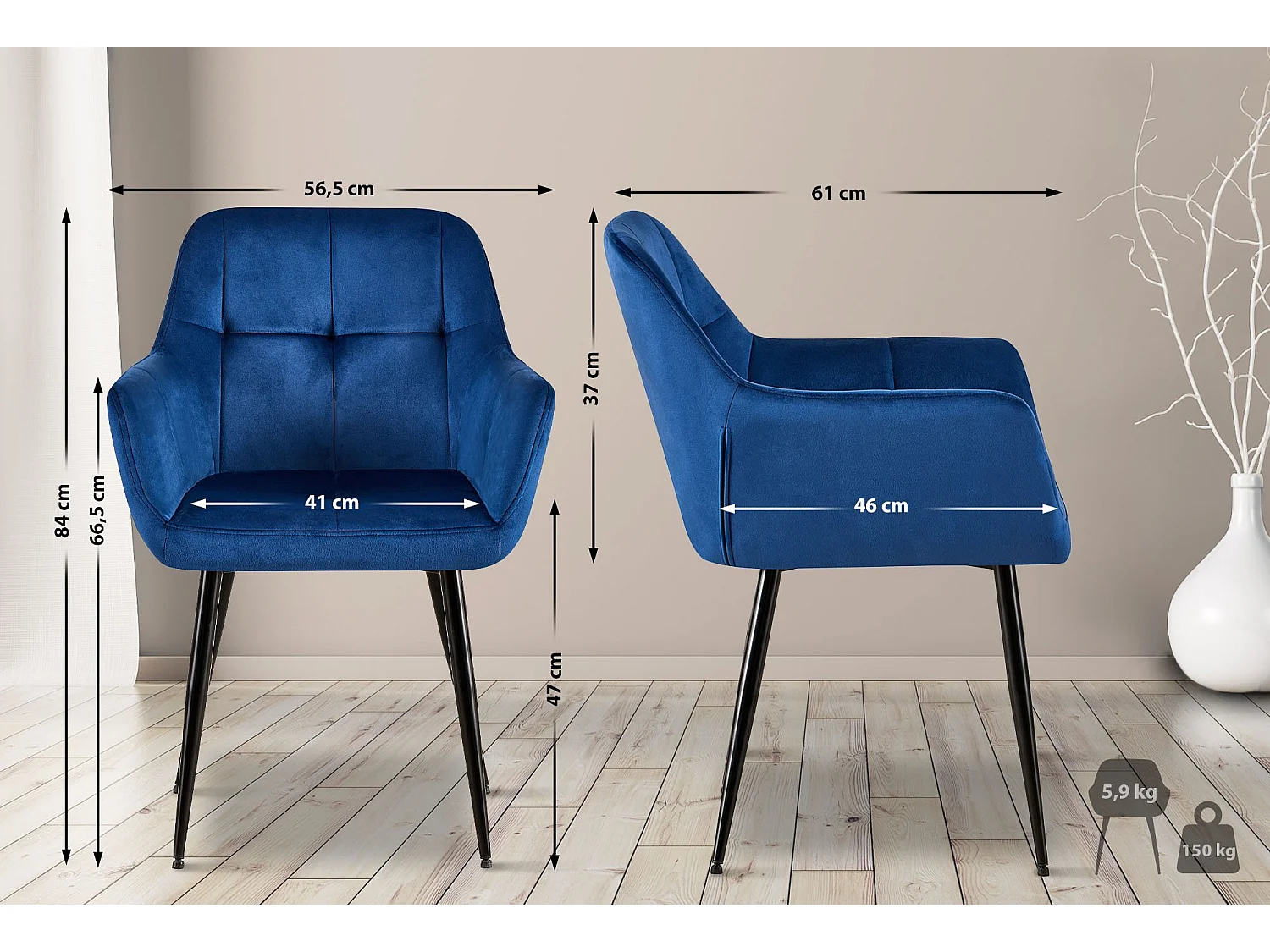 Lot de 4  chaises avec accoudoirs - Velours - Bleu - Emia