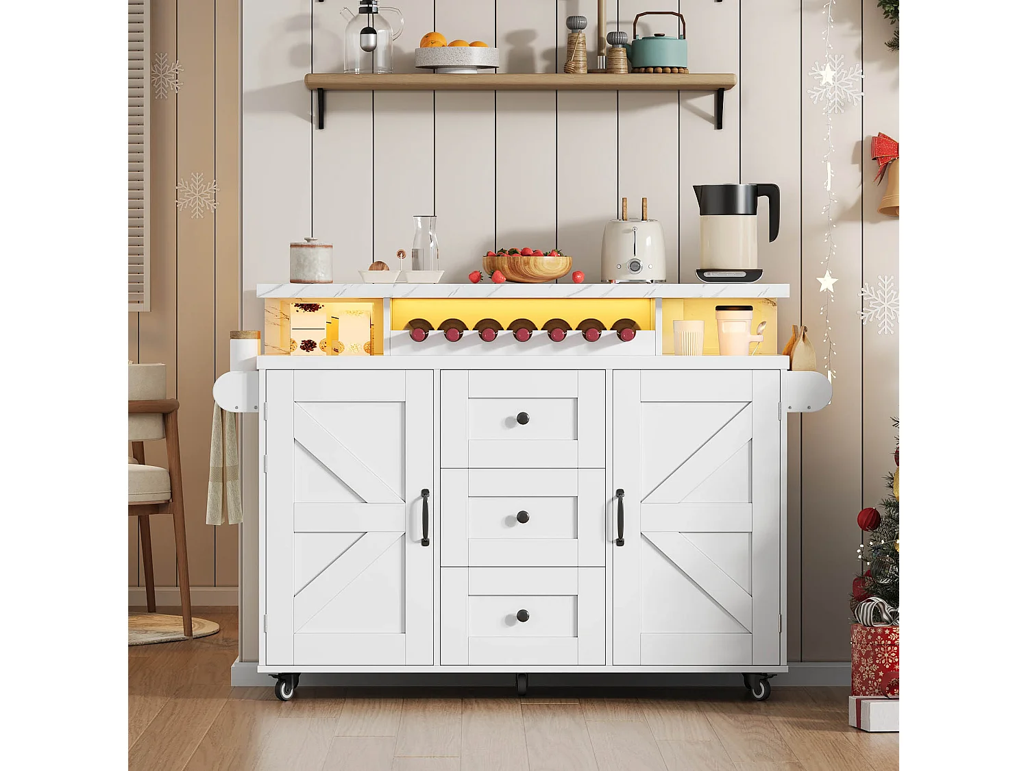 Îlot de cuisine mobile blanc LED avec 2 portes et 3 tiroirs - Plateau effet marbre