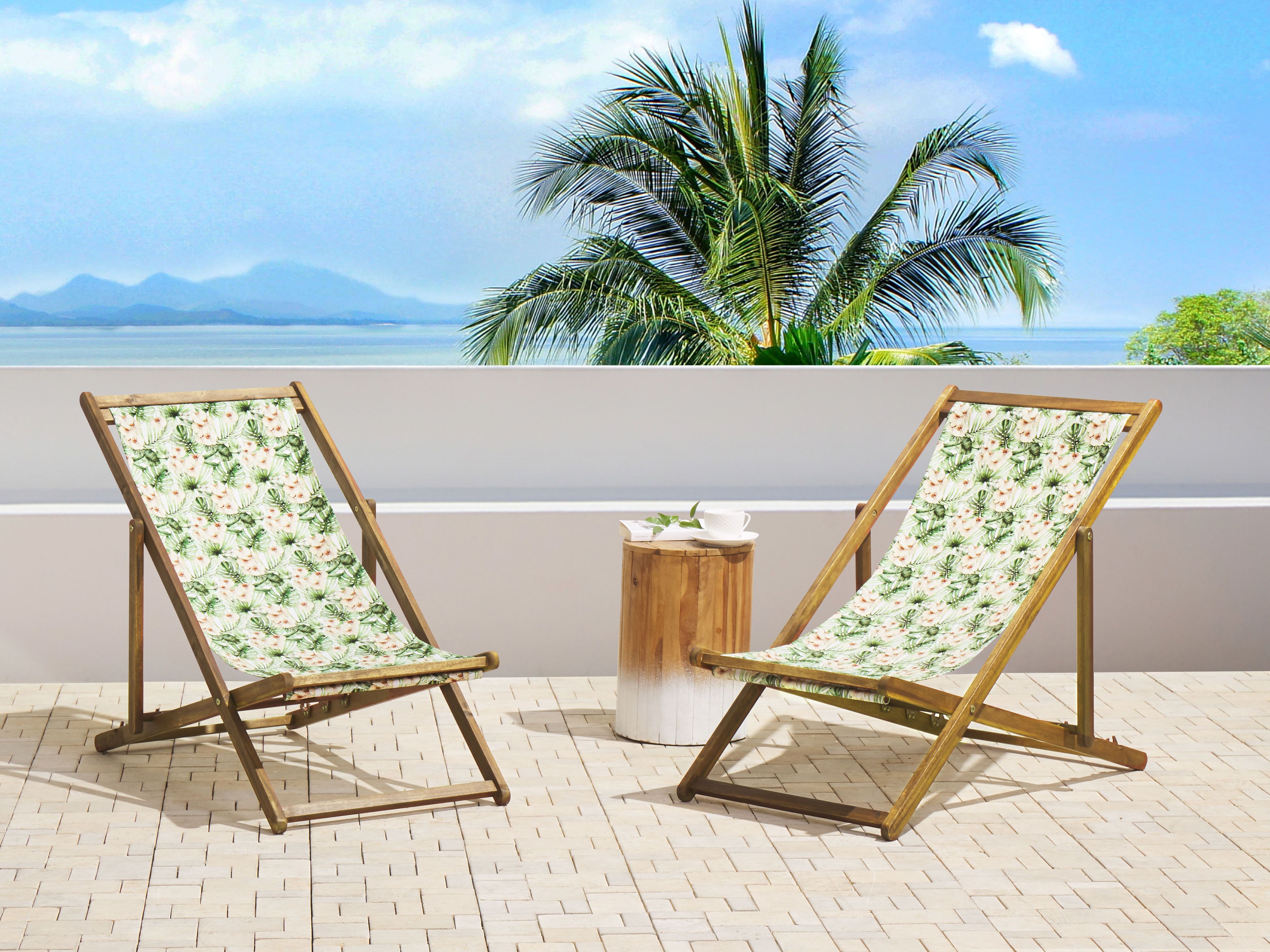 Set of 2 Folding Deck Chairs ANZIO with Replacement Fabrics Floral Motif Acacia Wood Light Brown