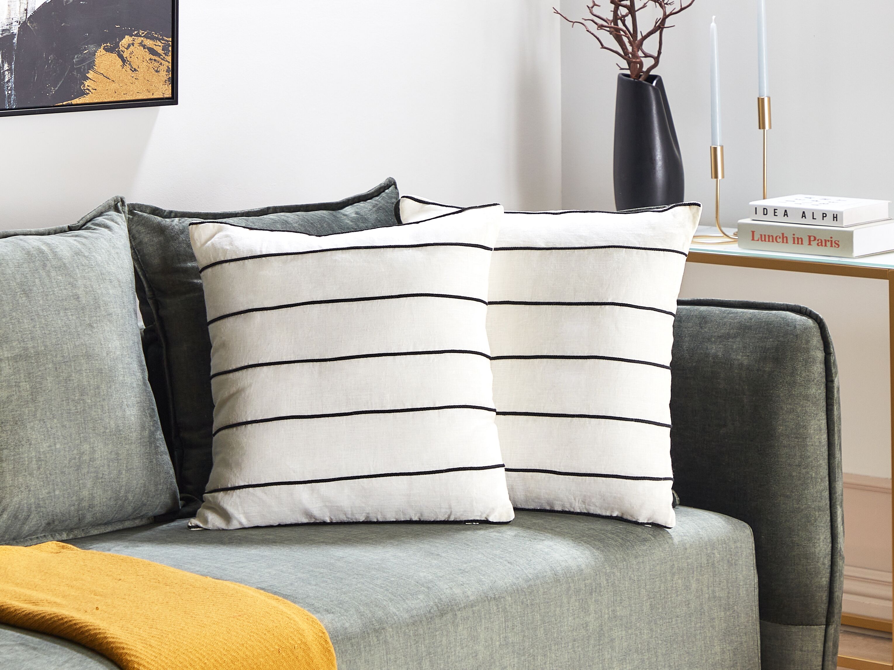 Set of 2 Decorative Cushions MILAS Linen 50 x 50 cm Black/ White Striped
