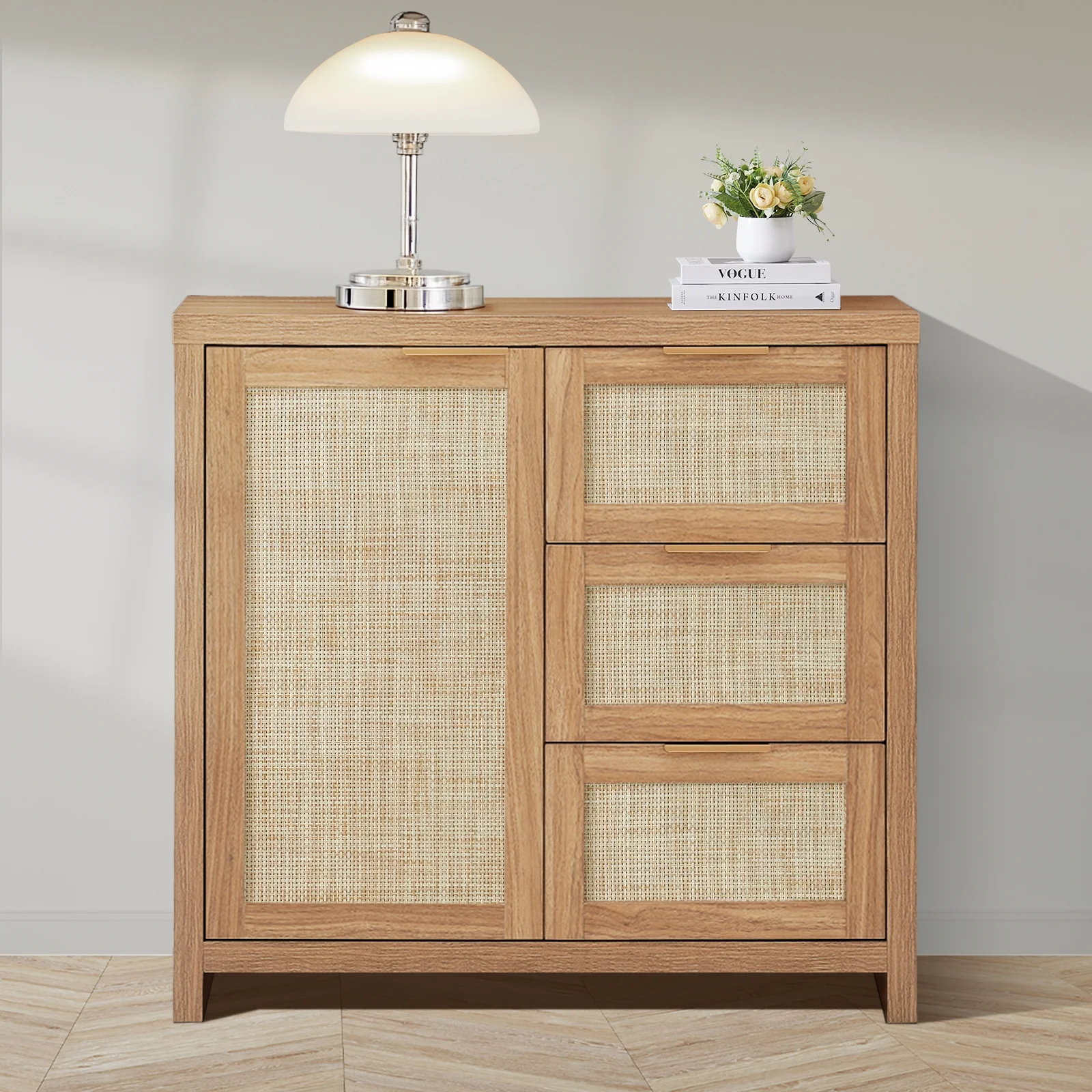 ARKANTOS Sideboards and Buffets, Boho Storage Cabinets with Rattan Doors and Drawers, Natural Oak - Image 9