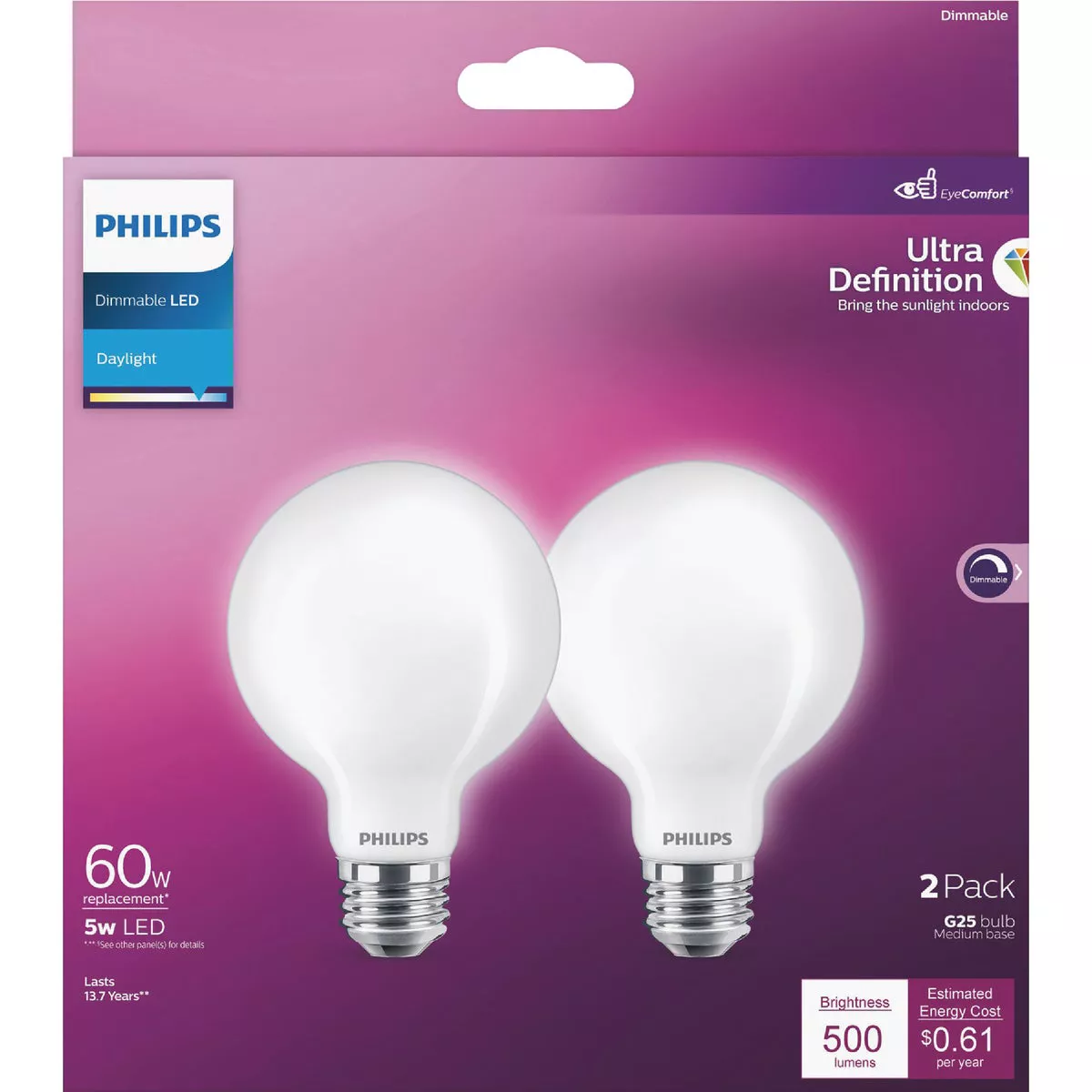 Philips Ultra Definition 60W Equivalent Daylight G25 Medium Frosted LED Decorative Light Bulb (2-Pack)