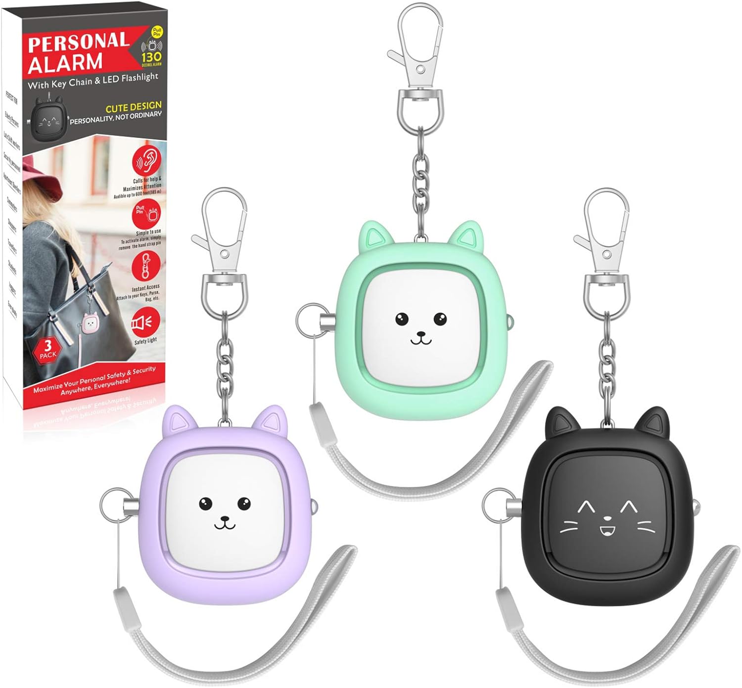 Personal Safety Alarm, VIGOROAD 3 Pack Loud 130dB Siren Emergency Panic Alarm with LED Light, Easy Pull Pin Keychain Self-Defense Security Alarm for Women, Seniors, Kids