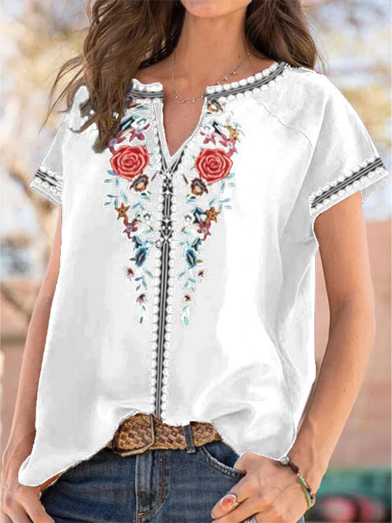 Full Size Floral Notched Short Sleeve Blouse Plus Size - ZKZOOK
