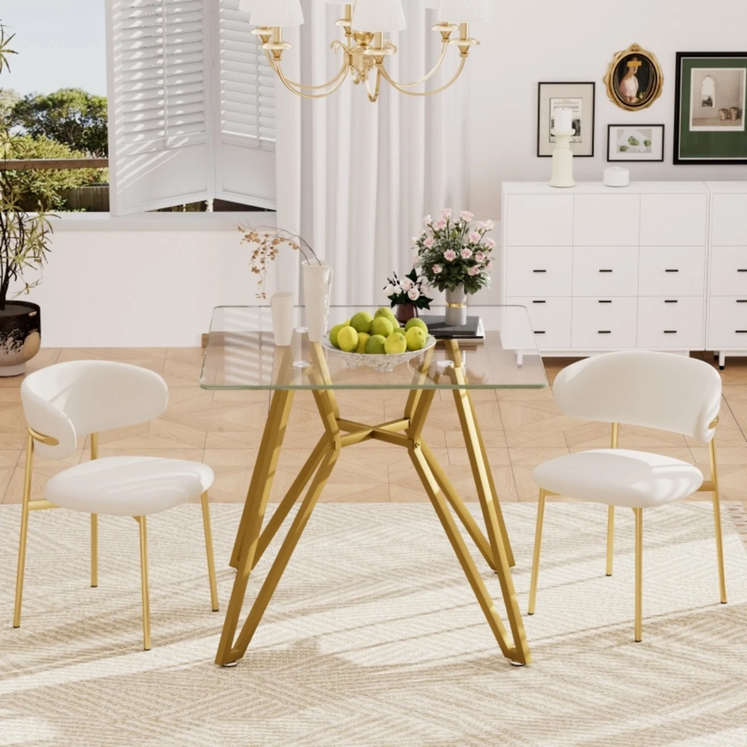 35.4 Inch Square Tempered Glass Dining Table Suitable For 2 To 4 People Space Saving Small Kitchen Dining Table Equipped With Sturdy Metal Table Legs Suitable For Dining Room Living Room Gold