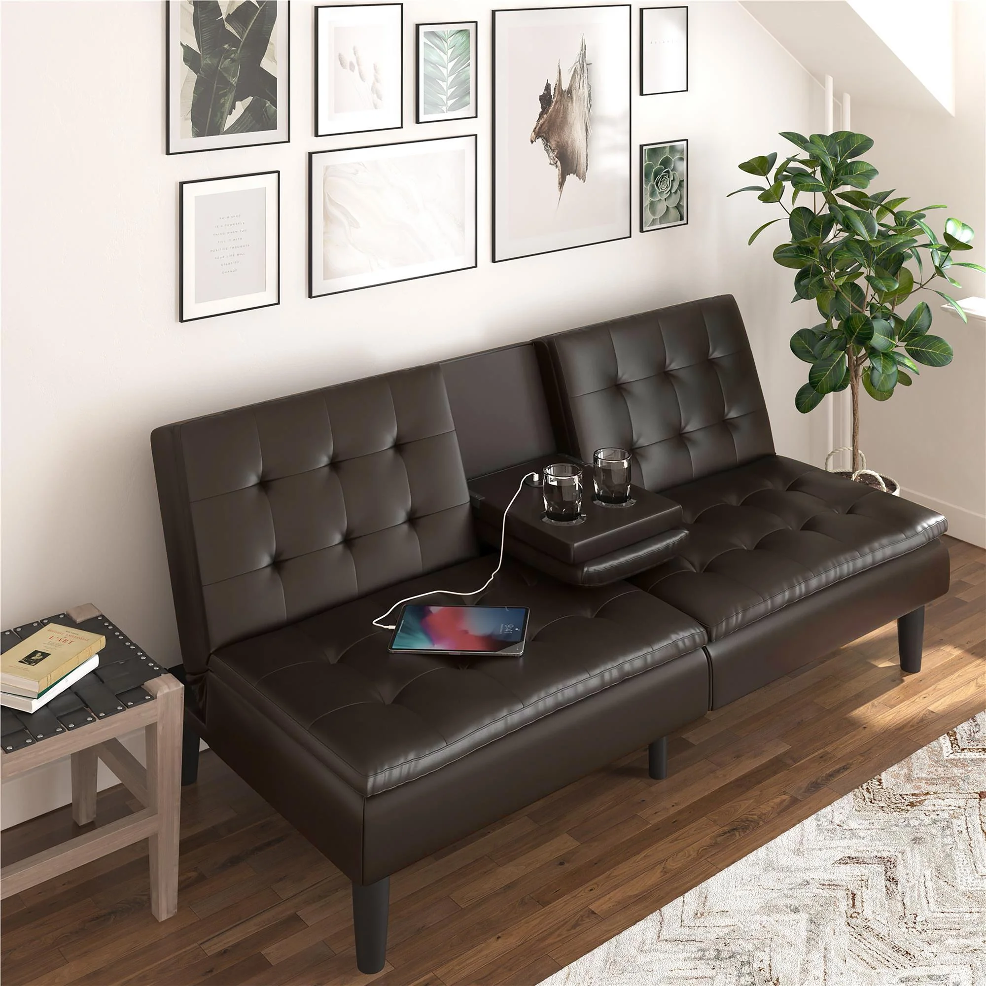 Mainstays Memory Foam 71.5" Futon with Cupholder and USB, Black Faux Leather - Image 57