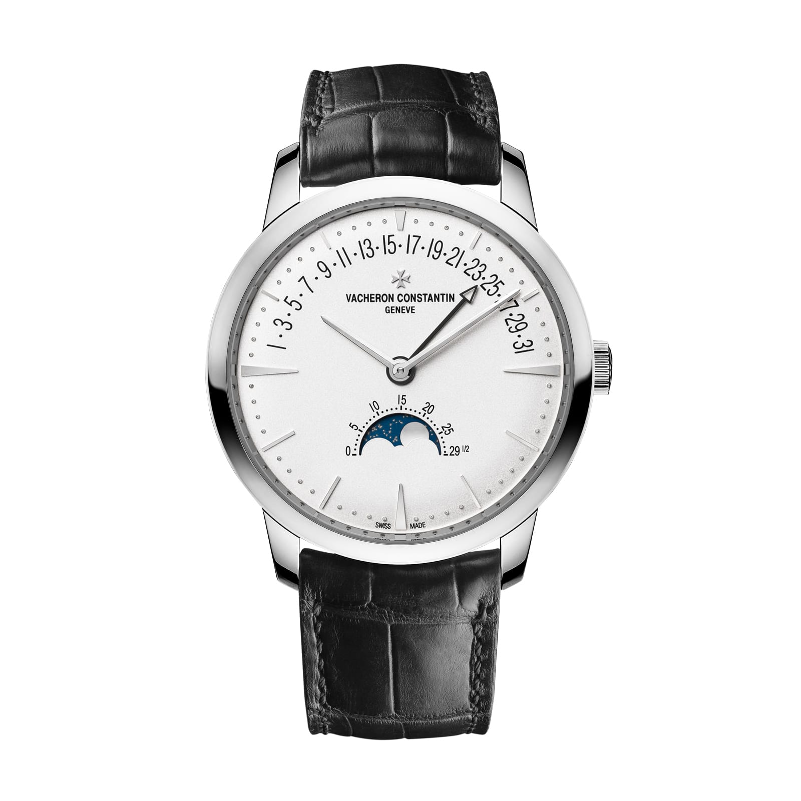 Replica Watches Fake Vacheron Constantin Patrimony moon phase retrograde date 42.5 MM WHITE GOLD(1:1 replica) - Elite Watch Atelier