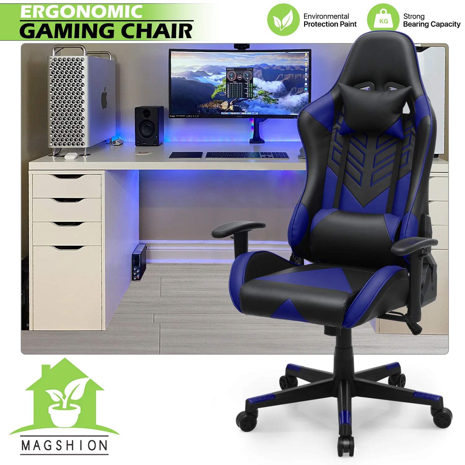 Magshion Ergonomic Gaming Chair, Comfortable Gaming Chair, Computer Chair Leather Desk Chair Adjustable Swivel Gaming Office Chair, Blue - Image 2