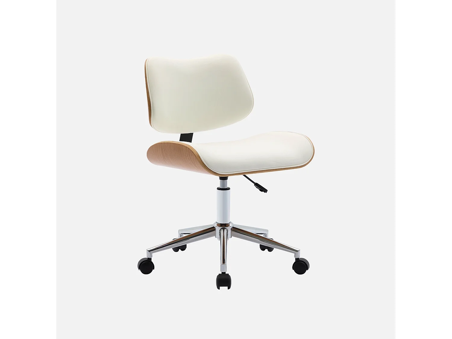 Chaise de bureau à roulettes décor bois courbé placage effet chêne et simili cuir blanc