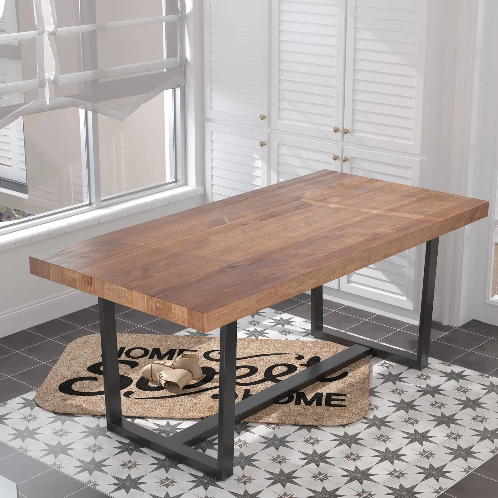 Yaoping 72" Rustic Farmhouse Solid Wood Dining Table with Metal Frame, Rectangular Kitchen and Dining Table for Home Office Furniture(Brown-72 in Dining Table)