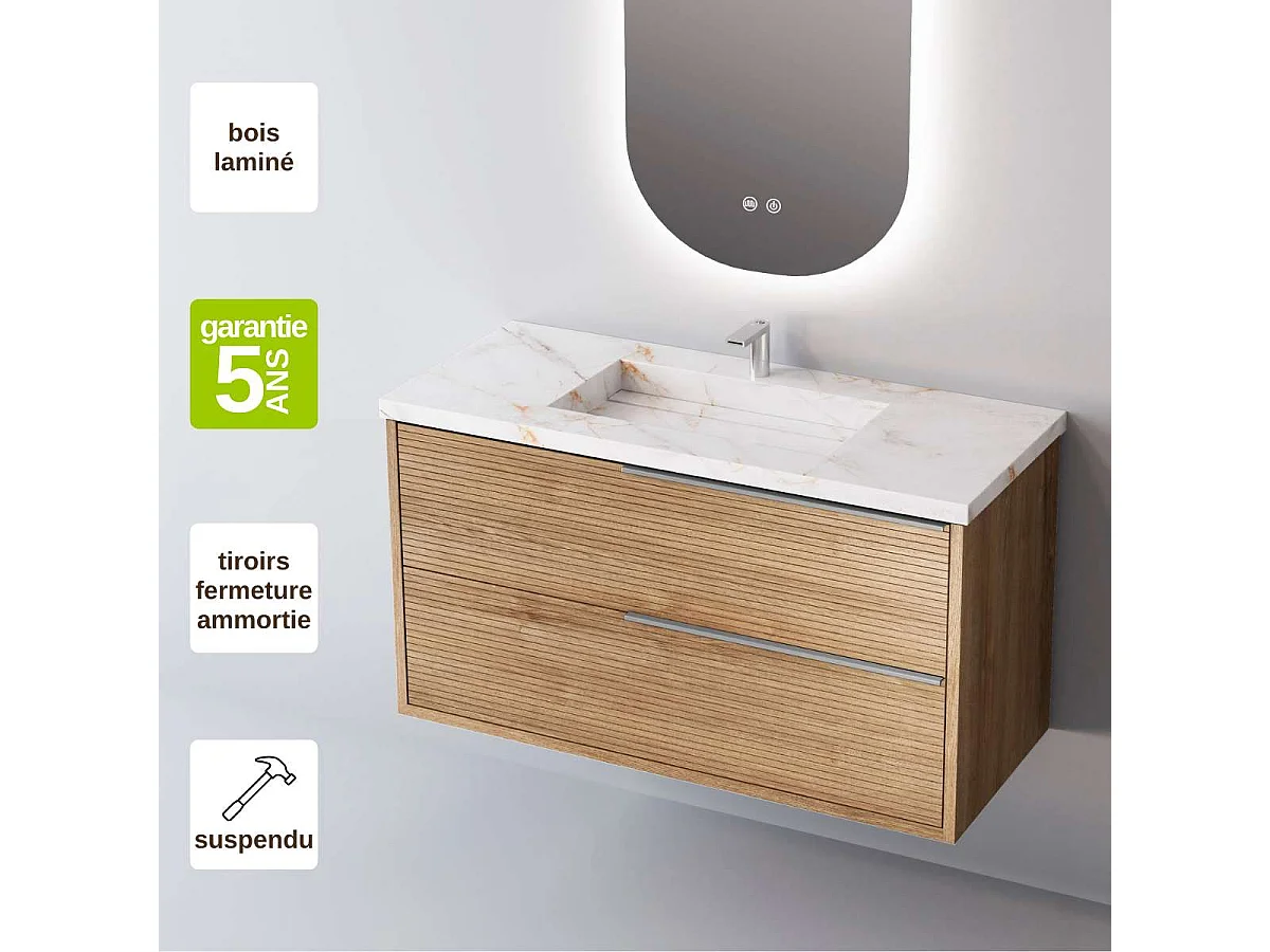 Meuble Salle de Bain LISTELLO 60cm, Plan Vasque Grès Cérame, 2 Tiroirs Impression 3D Poignée Inox Satiné, Finition Chêne Naturel, H 54cm x P 45cm
