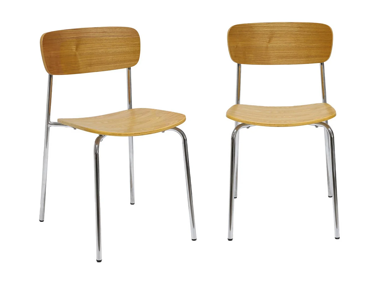 Lot de 2 chaises vintage contreplaqué avec placage bois effet frêne et pieds métal chromé L 43.5 x P 51 x H 77cm - Toby