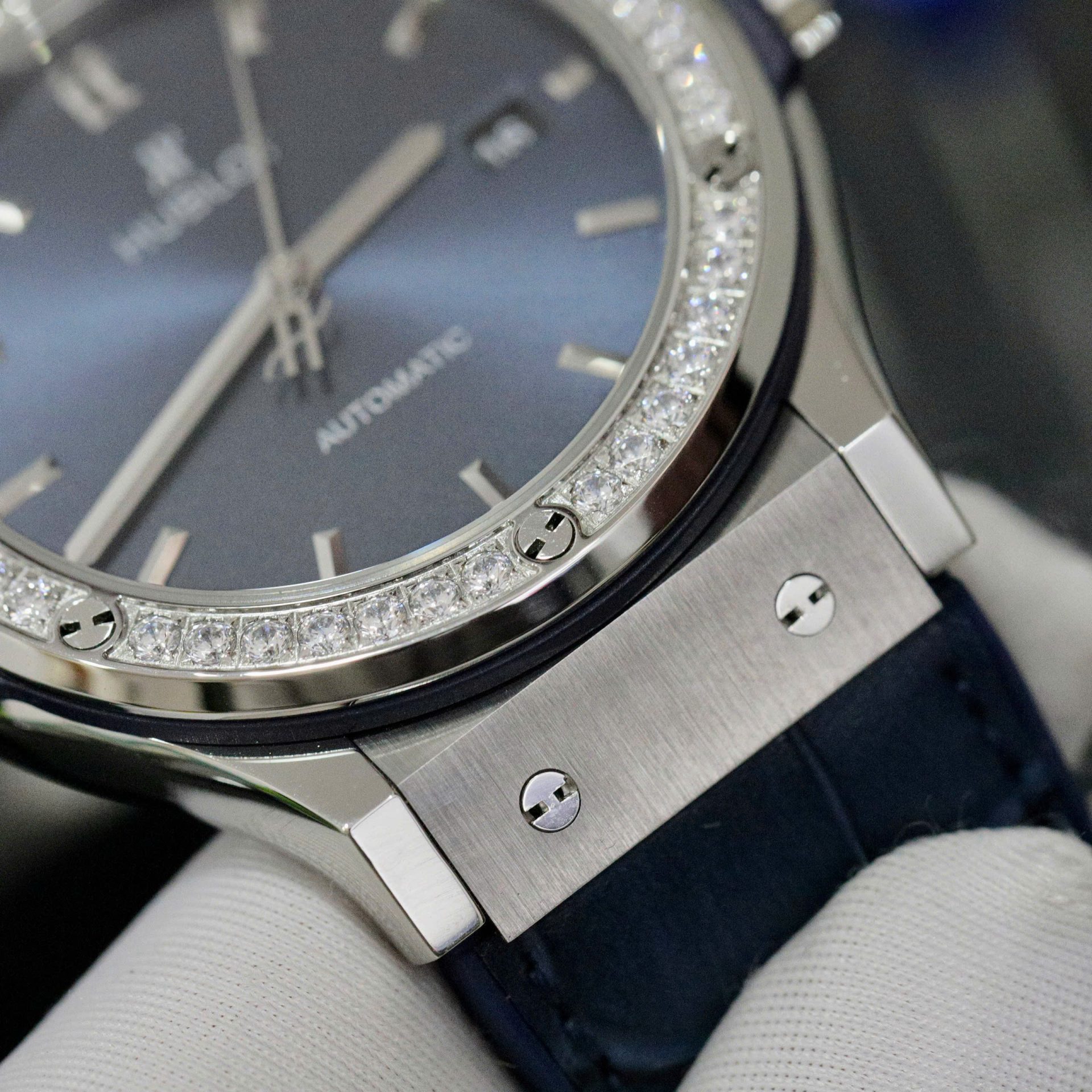 Hublot Classic Fusion Titanium Blue Dial Bezel Diamonds Replica Watch HB Factory 42mm - Top club