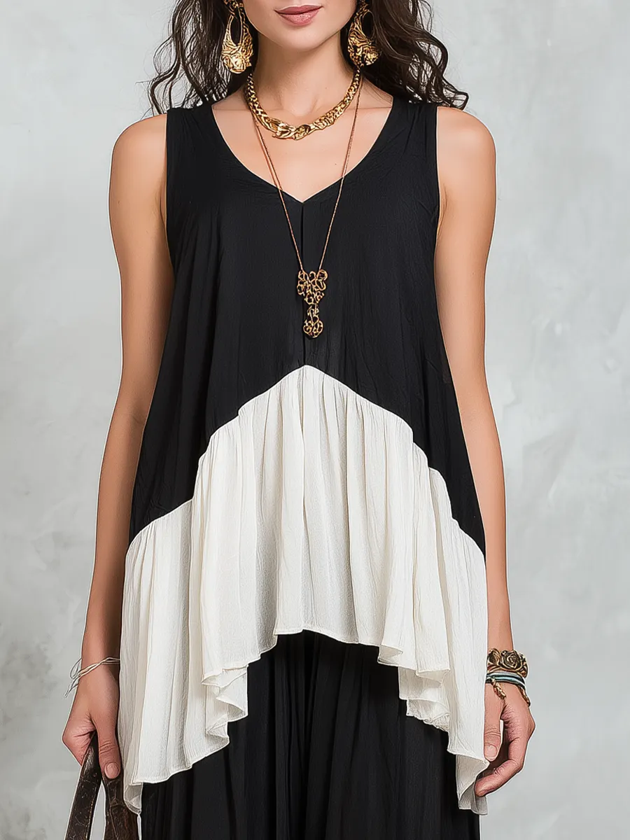 Elegant Black Colorblock Layered Skirt Set