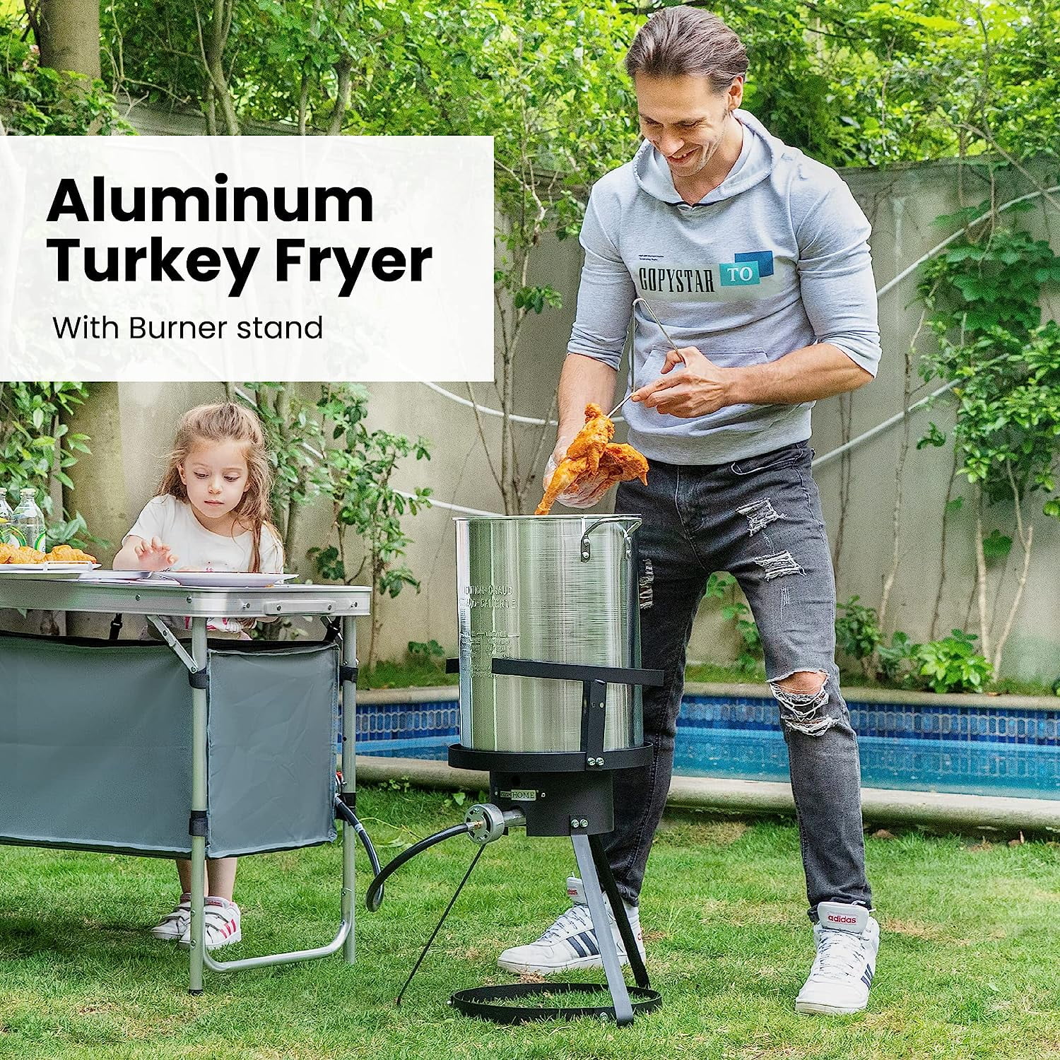 MY.30 Qt. Aluminum Turkey Deep Fryer Pot with Injector Thermometer Kit and 54, 000 BTU Outdoor Propane Stove Burner Stand for 20 Lbs Turkey
