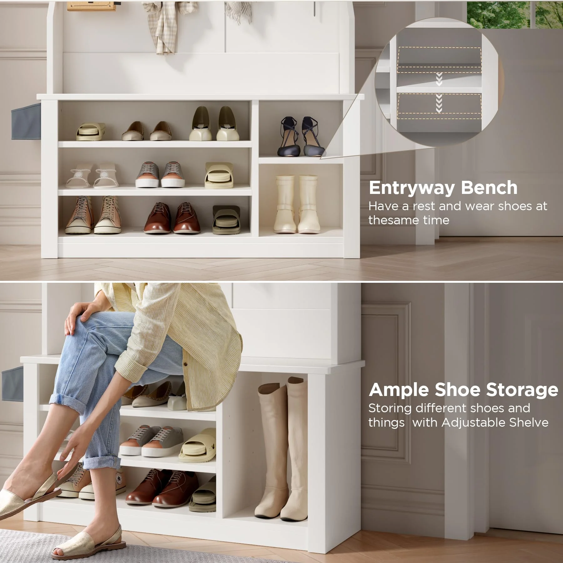 Lofka 5-in-1 Hall Tree with Bench and Shoe Storage, Entryway Hall Tree with Coat Rack, Adjustable Shoe Storage, 2-tier top storage,White - Image 7