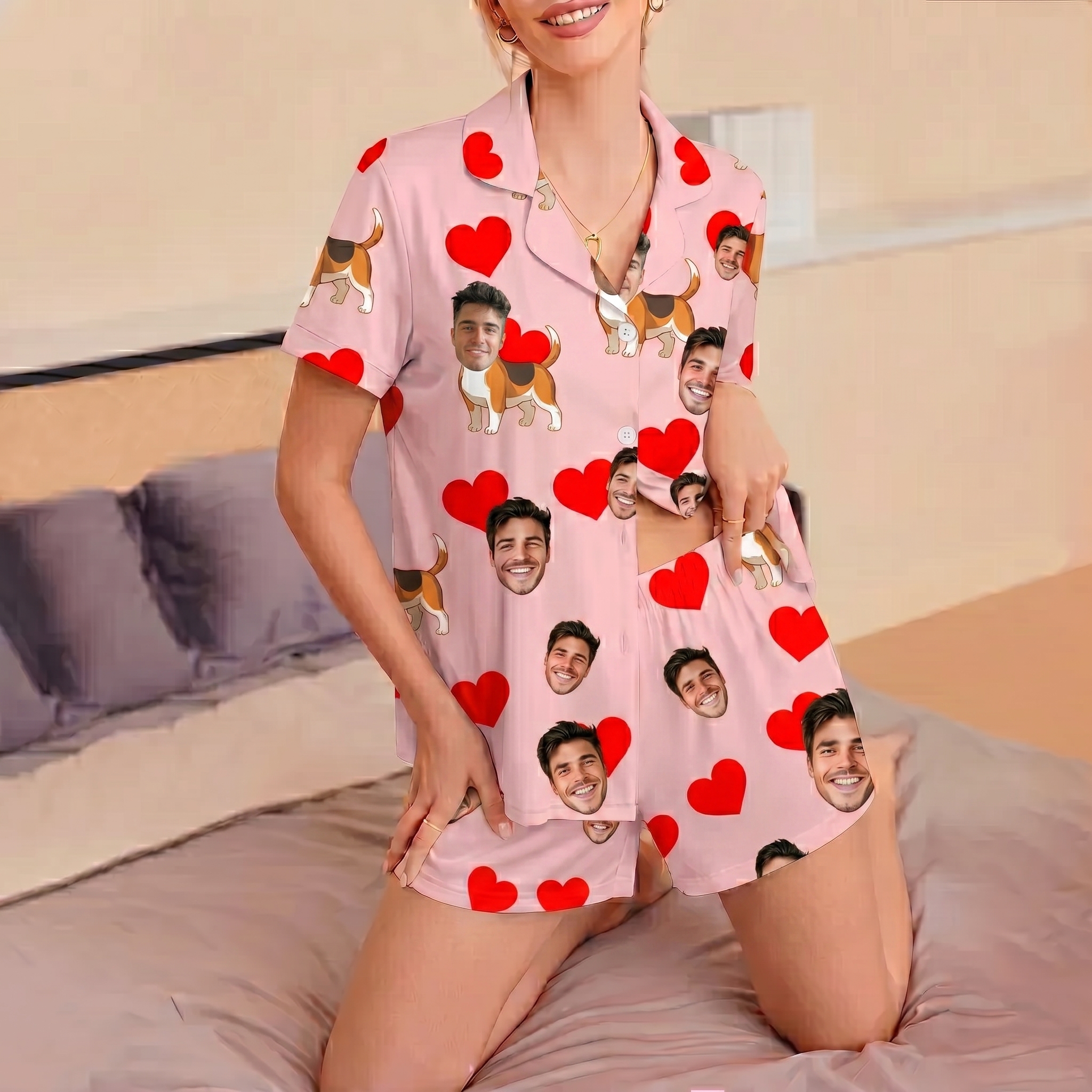 Close-up of a woman wearing personalized pink sleepwear customized with a printed face and heart design