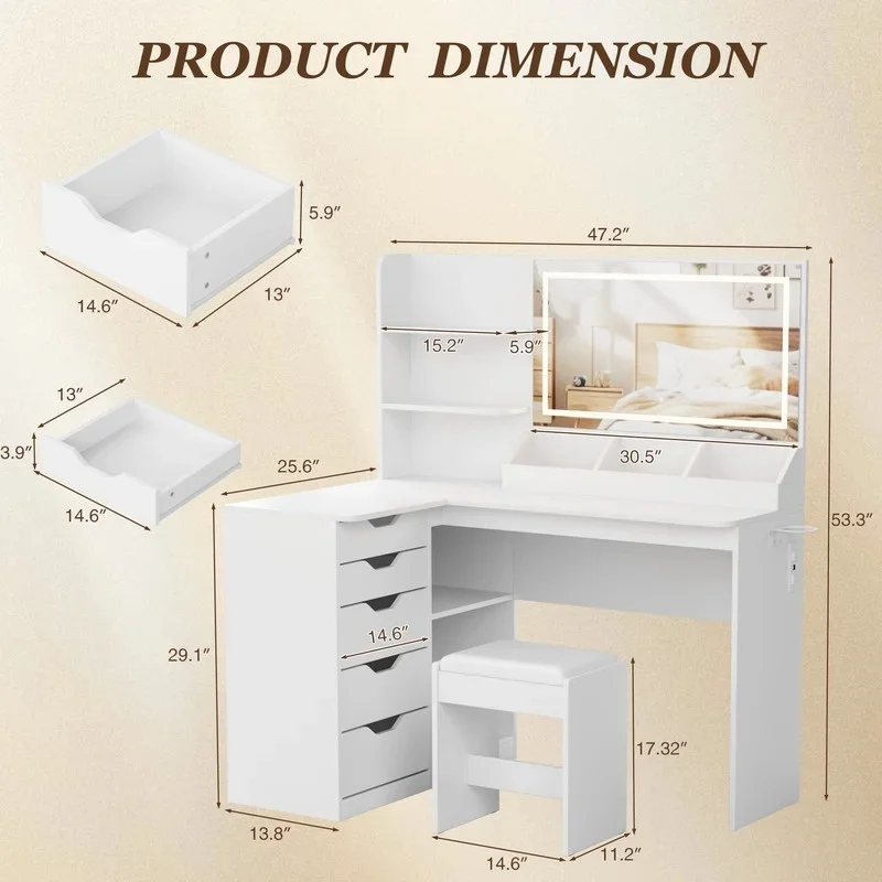 Furmax L Shaped Vanity Desk Set Corner Makeup Vanity Set with Adjustable LED Lighted Mirror & Power Outlets Dressing Table with Organizers, and Cushioned Stool, White - Image 7
