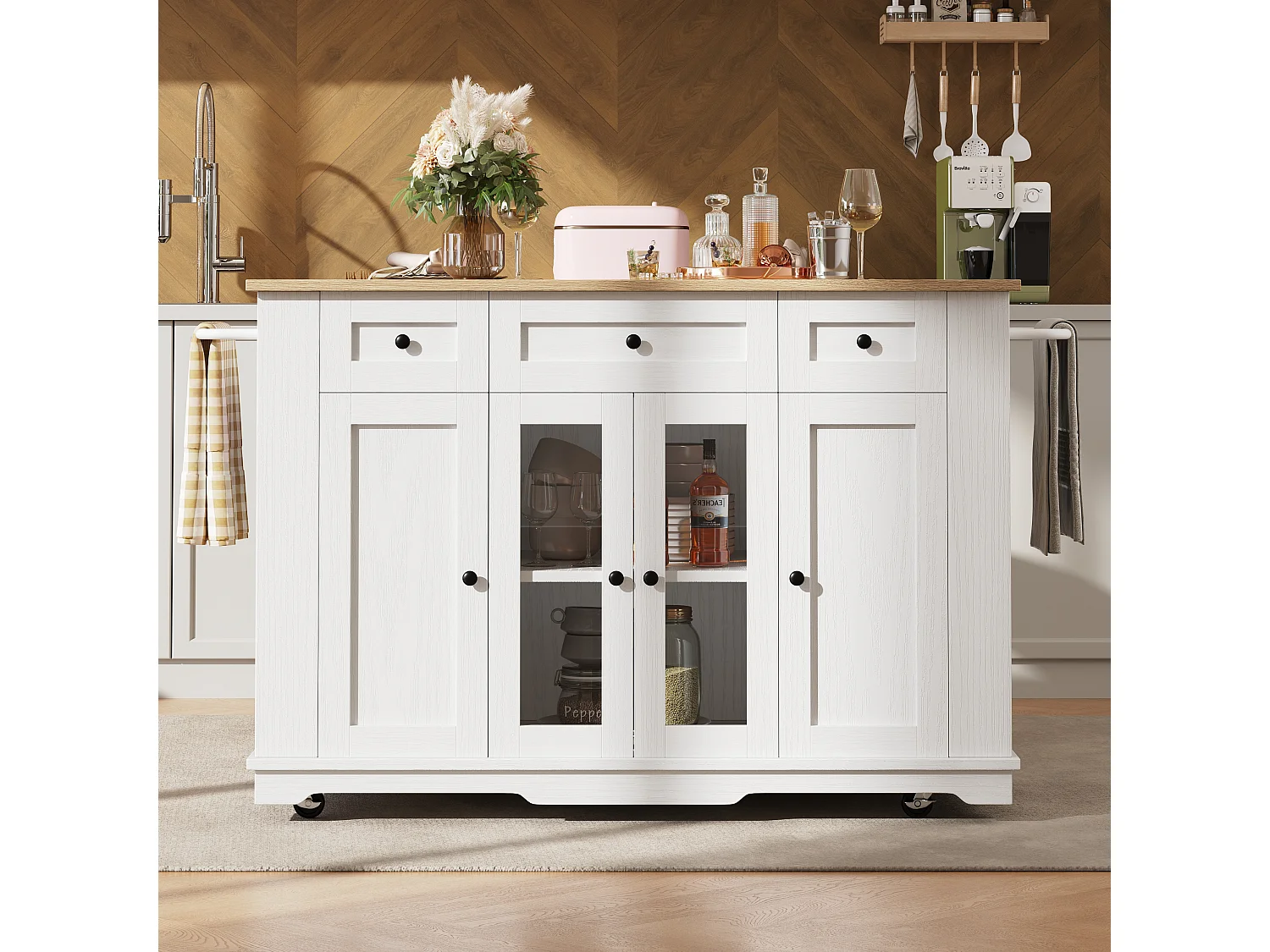 Îlot central de cuisine avec 3 tiroirs et 4 portes(dont 2 portes verres ) - Blanc 151.5 x 60(85) x 91.7cm