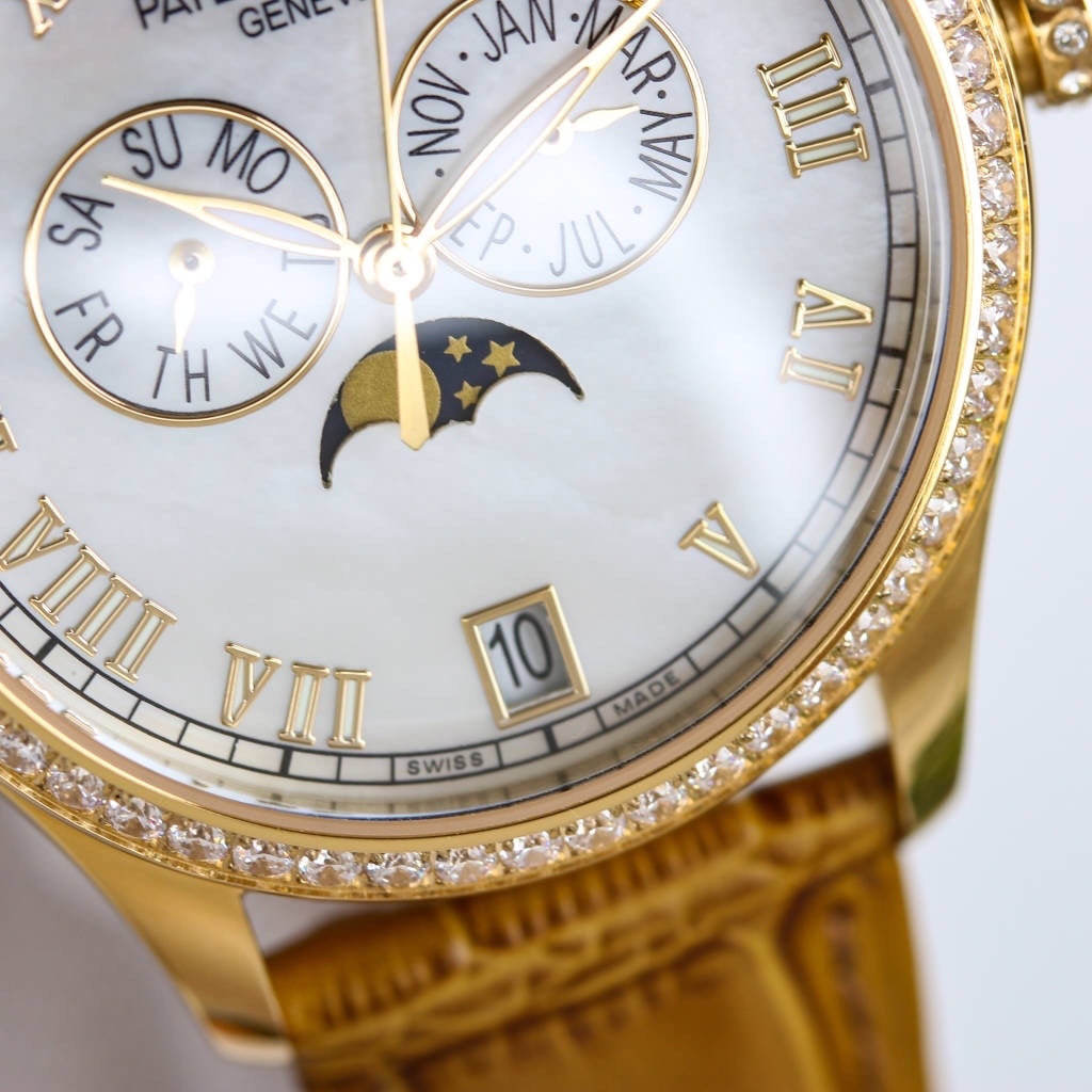 Fake diamond Watch Patek Philippe Replica 4936J-001 Complications Ladies Annual Calendar Moon Phase 37mm White Mother of Pearl Roman Diamond Bezel Yellow Gold Leather Date(1:1 replica) - Top club