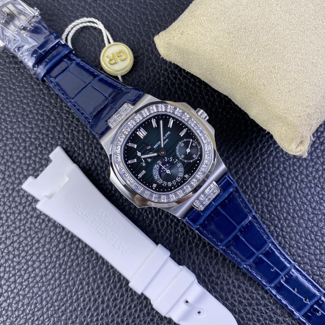 Fake Patek Philippe Replica Watch 5724G-001 Nautilus 40mm Black-Blue Baguette Diamond Bezel Moon Phase Date White Gold Leather Automatic GRF(1:1 replica) - Top club