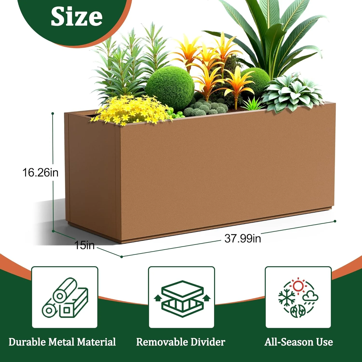 Large Rectangle Planter Metal Brown Planter Box with a Drainage Hole and a Removable Divider Indoor Outdoor Porch Pots for Tall , Trees, Flowers 37.99